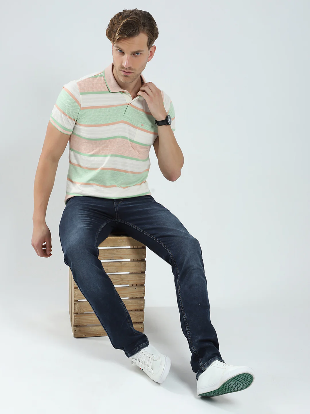 Men Green Stripe Collar Half Sleeve T-Shirt - Image 6