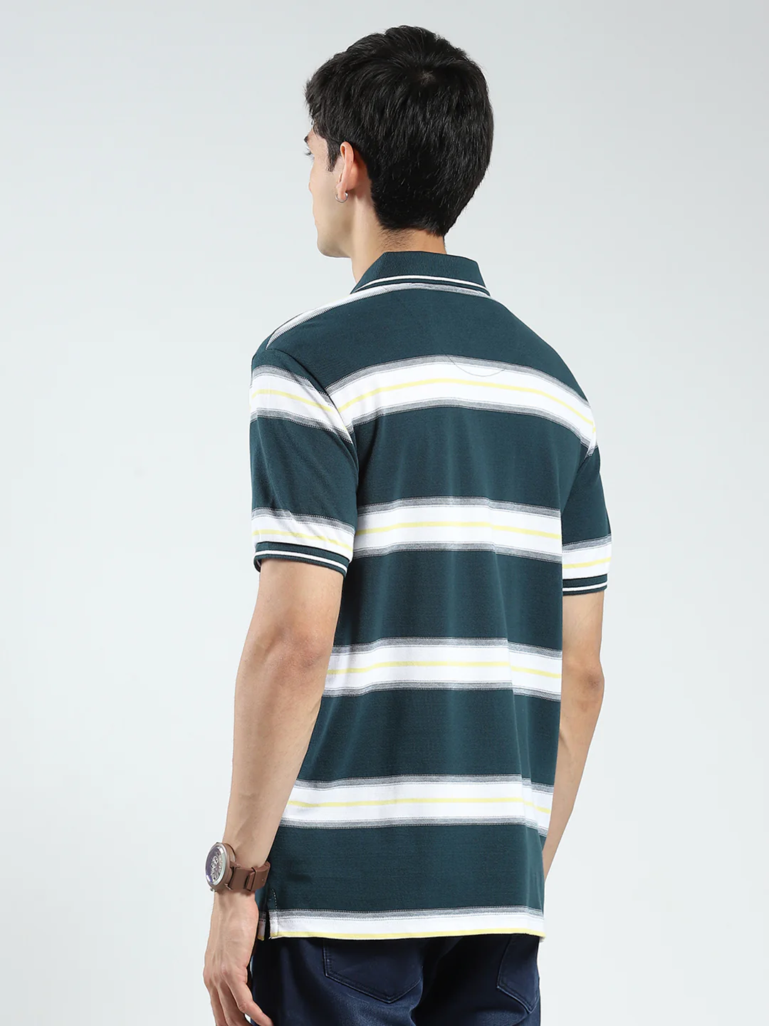 Men Green Stripe Collar Half Sleeve T-Shirt - Image 5