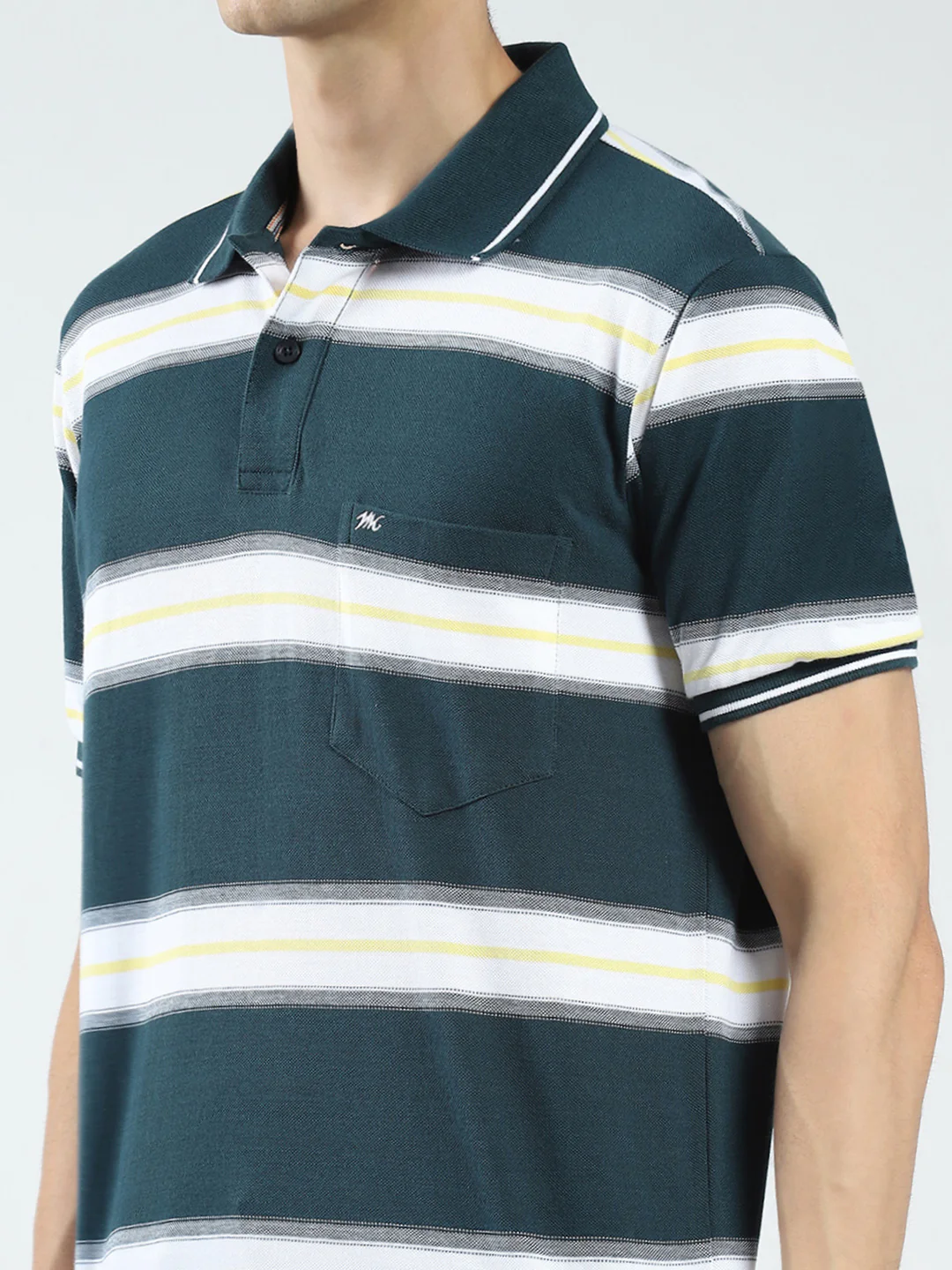 Men Green Stripe Collar Half Sleeve T-Shirt - Image 6