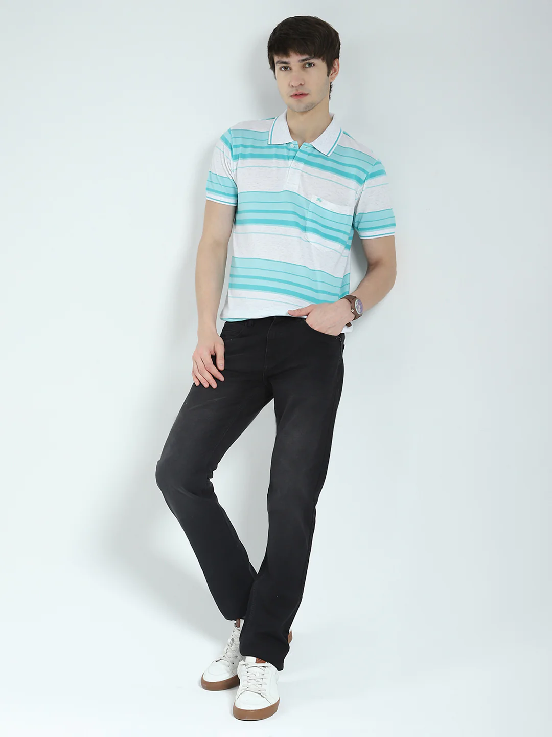 Men Green Stripe Collar Half Sleeve T-Shirt - Image 2