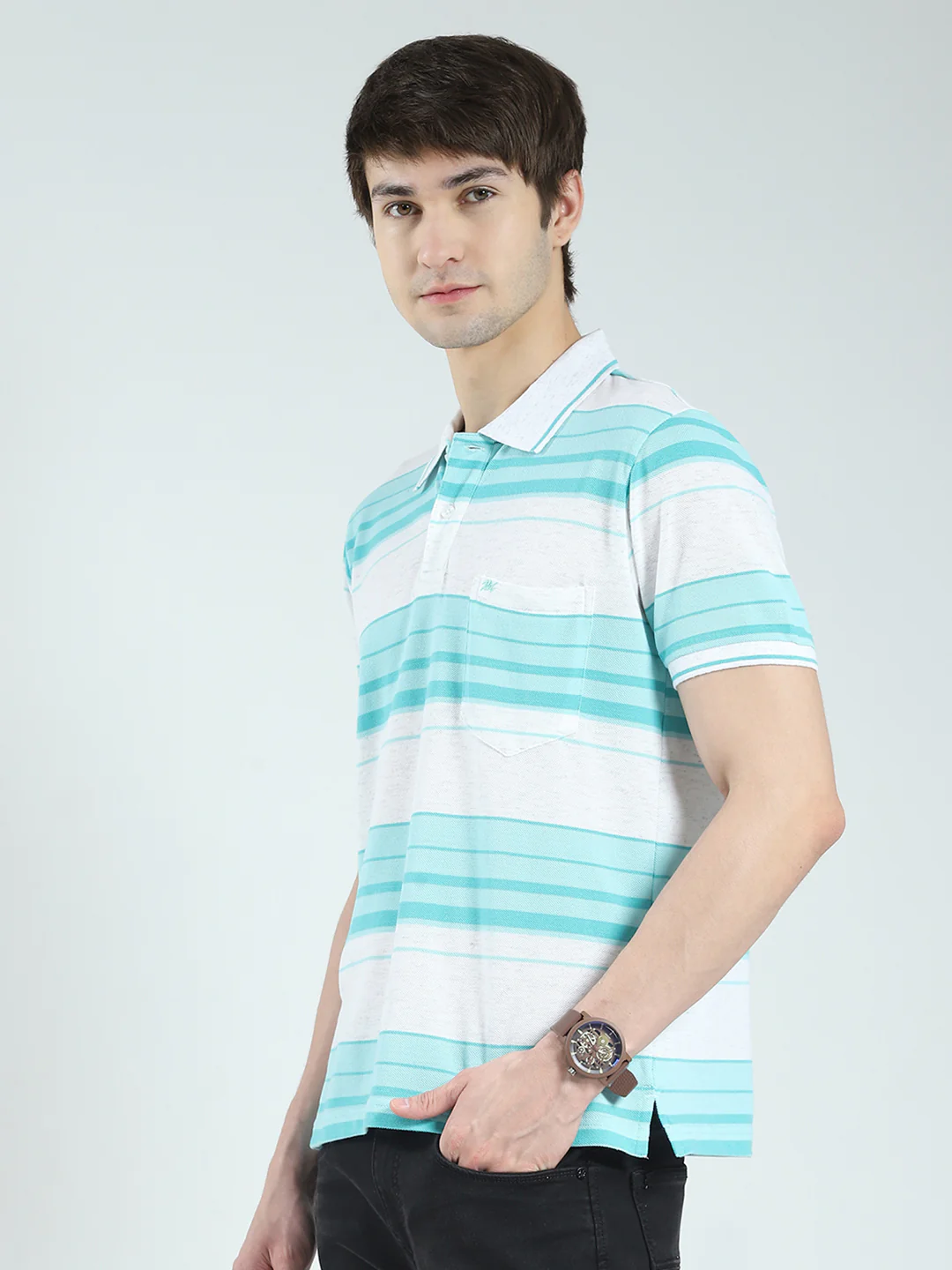 Men Green Stripe Collar Half Sleeve T-Shirt - Image 3