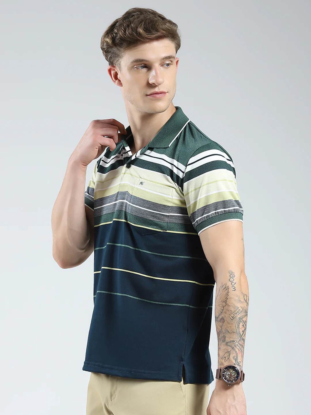 Men Green Stripe Collar Half Sleeve T-Shirt - Image 3