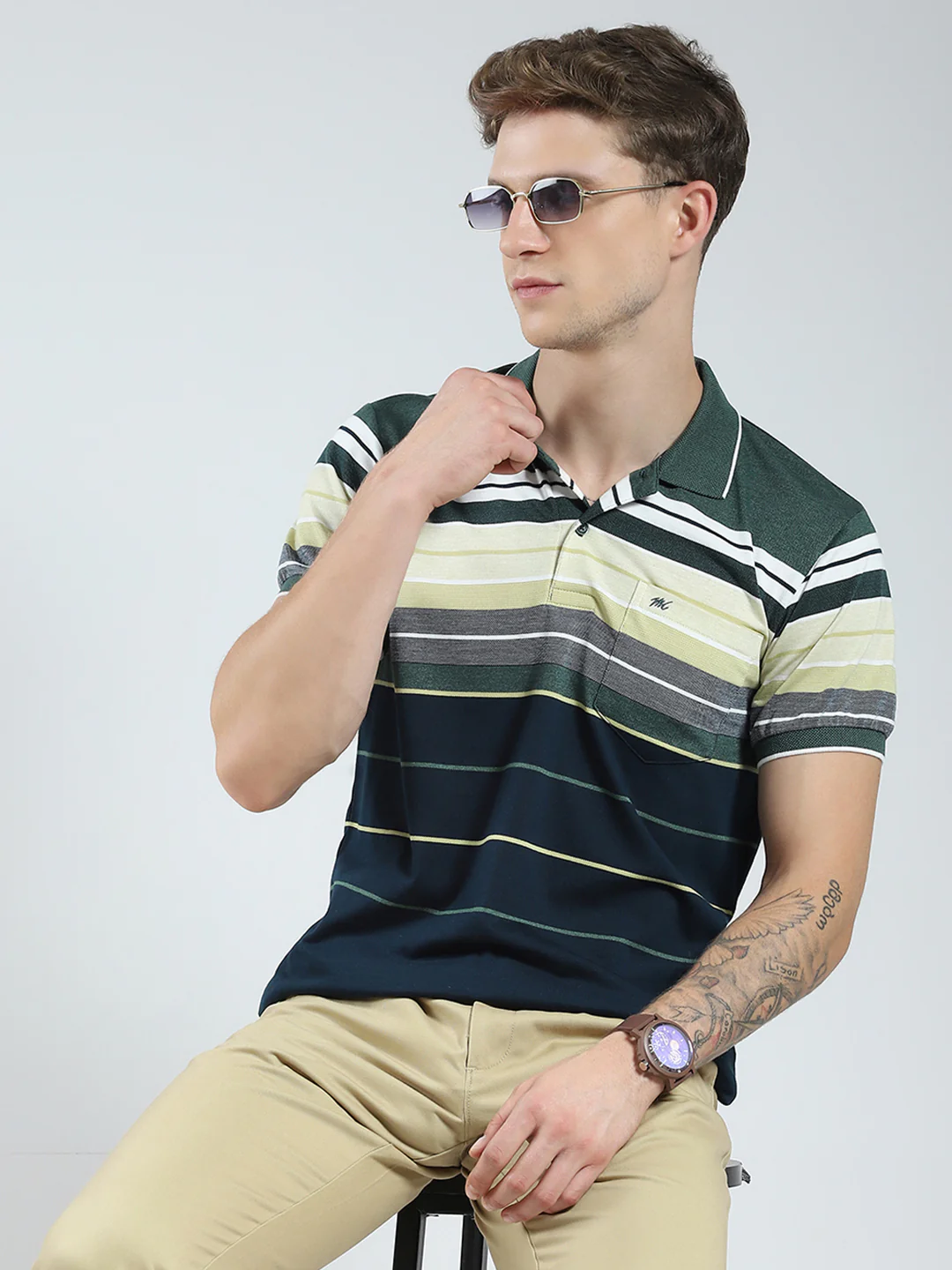 Men Green Stripe Collar Half Sleeve T-Shirt - Image 6