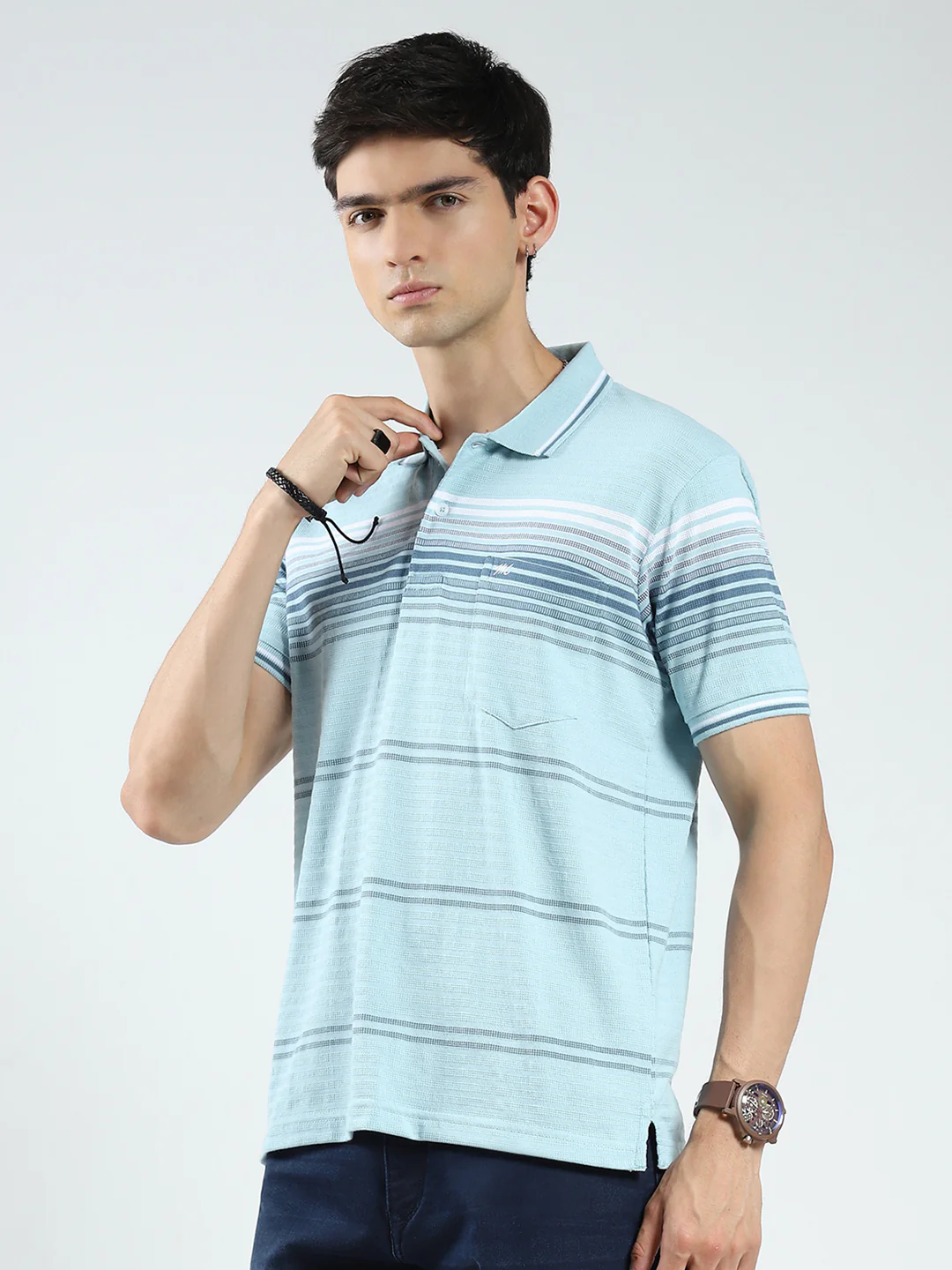 Men Green Stripe Collar Half Sleeve T-Shirt - Image 3