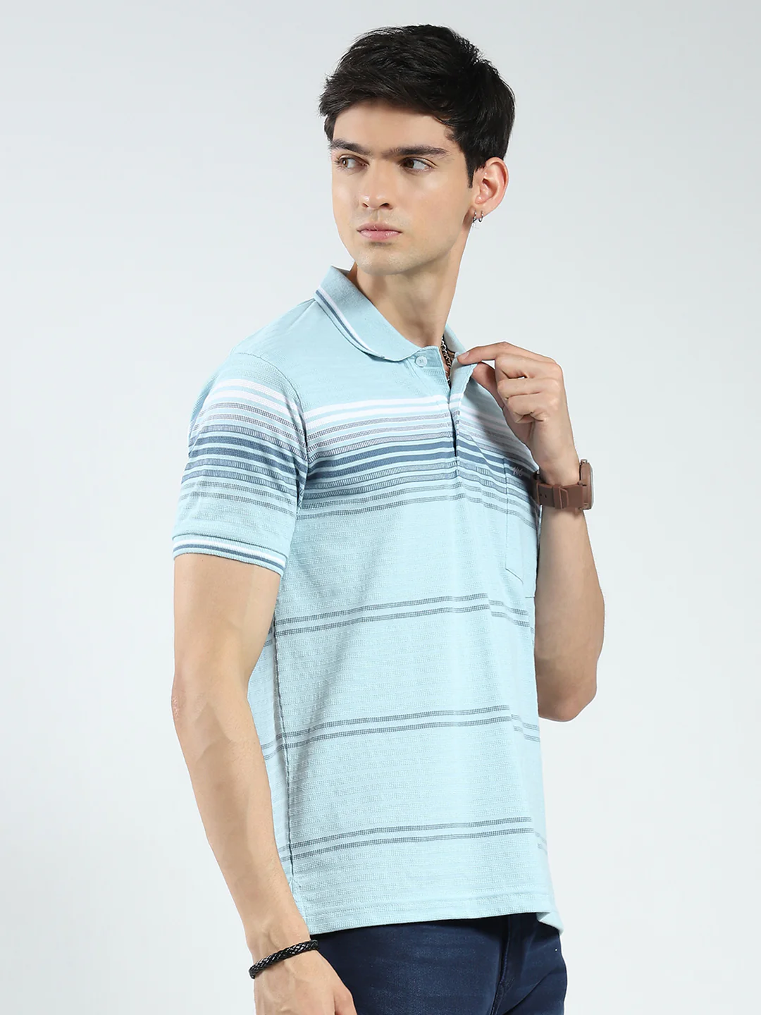 Men Green Stripe Collar Half Sleeve T-Shirt - Image 4