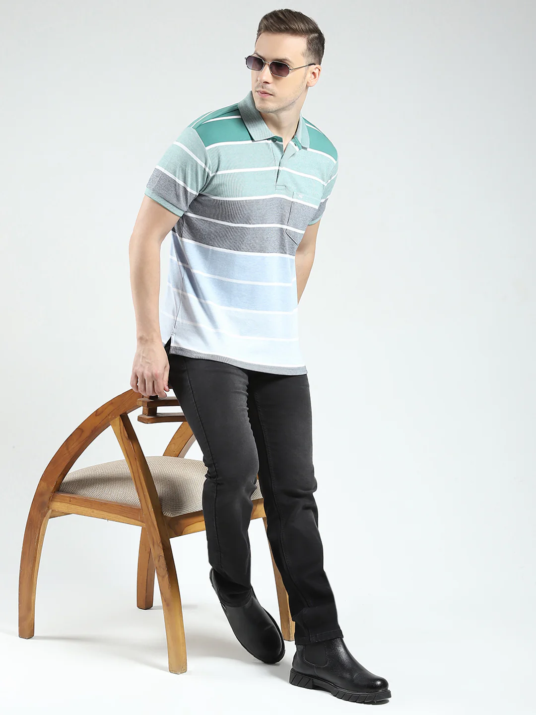 Men Green Stripe Collar Half Sleeve T-Shirt - Image 2