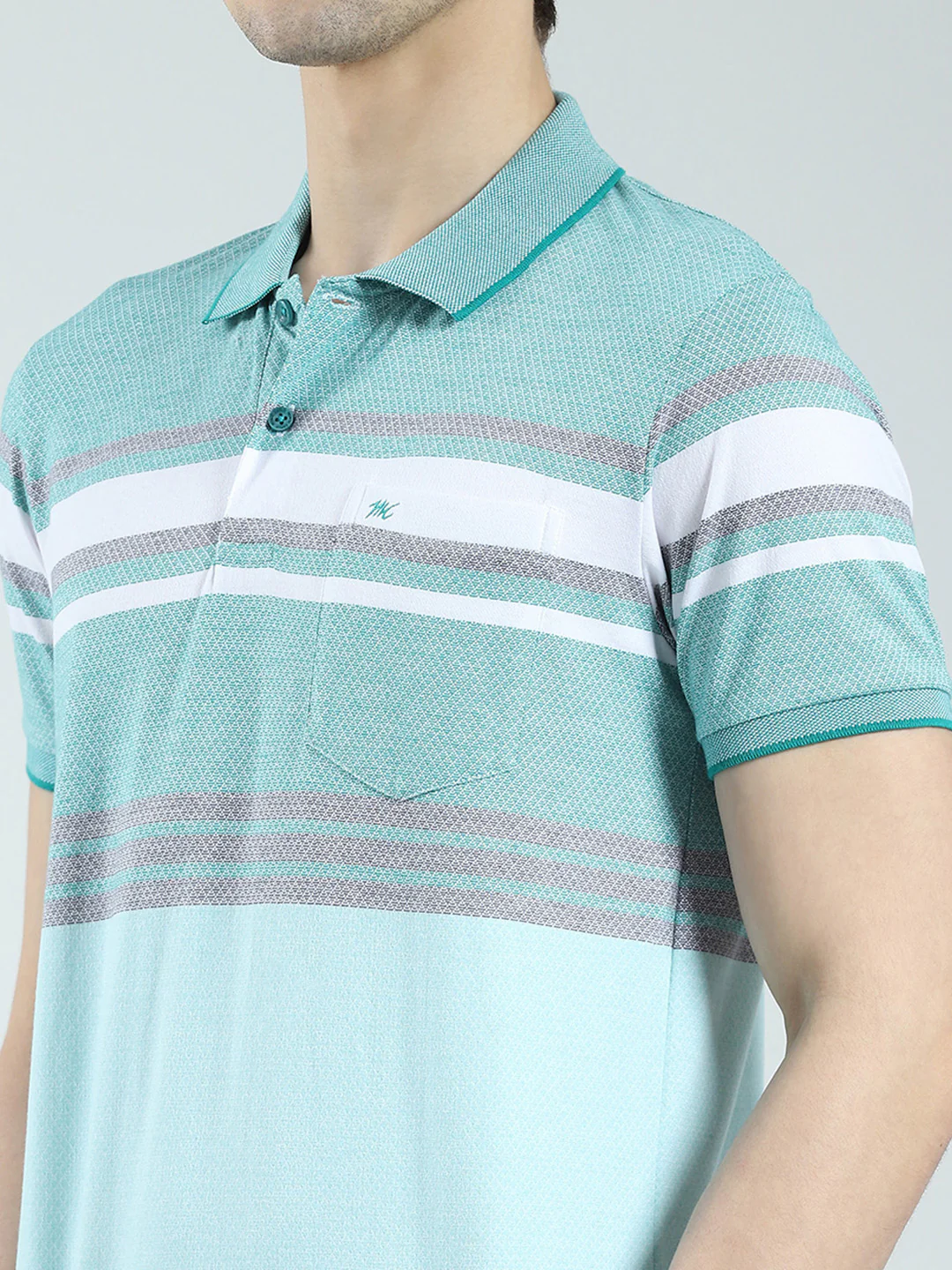 Men Green Stripe Collar Half Sleeve T-Shirt - Image 6