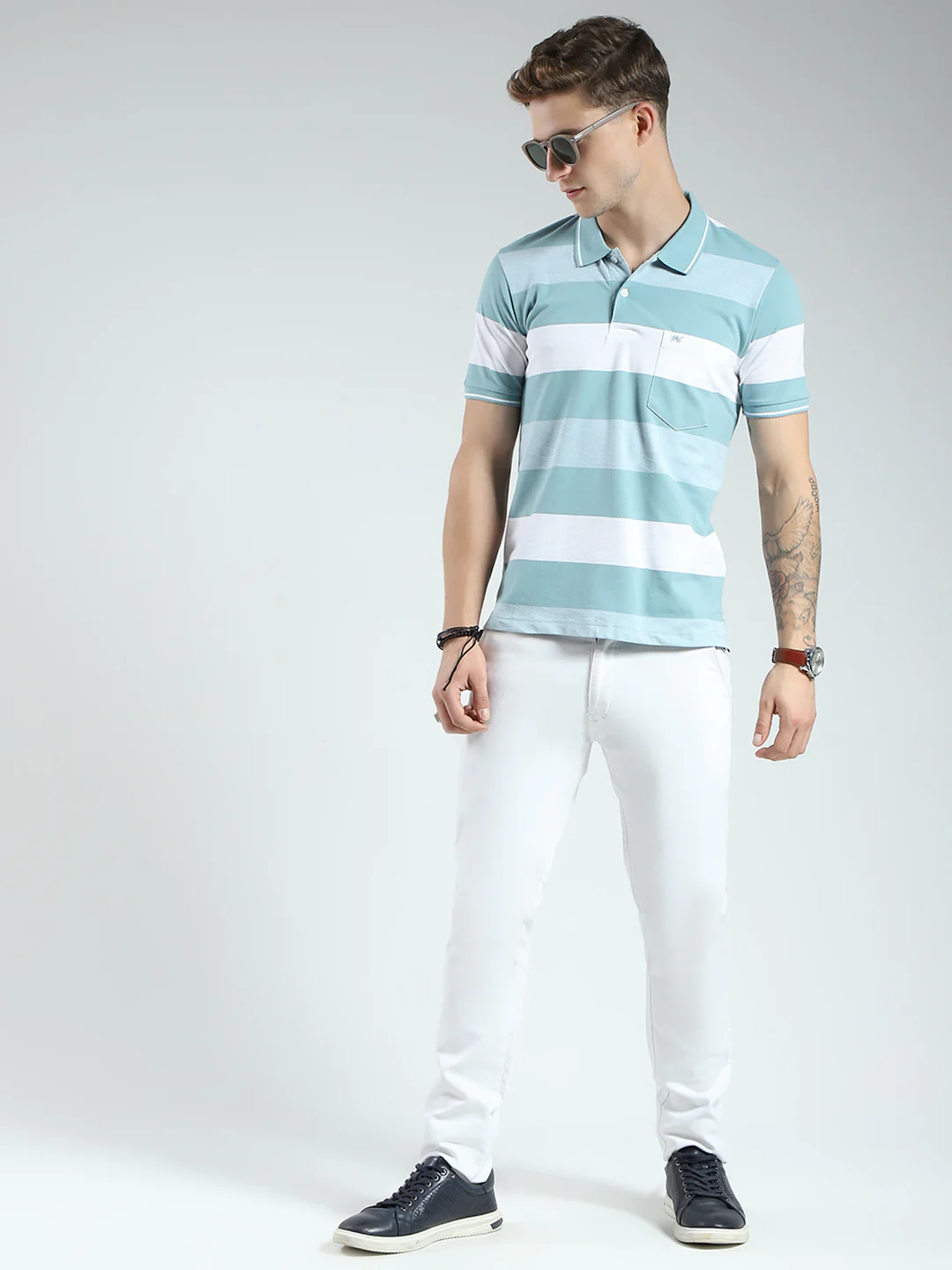 Men Green Stripe Collar Half Sleeve T-Shirt - Image 2