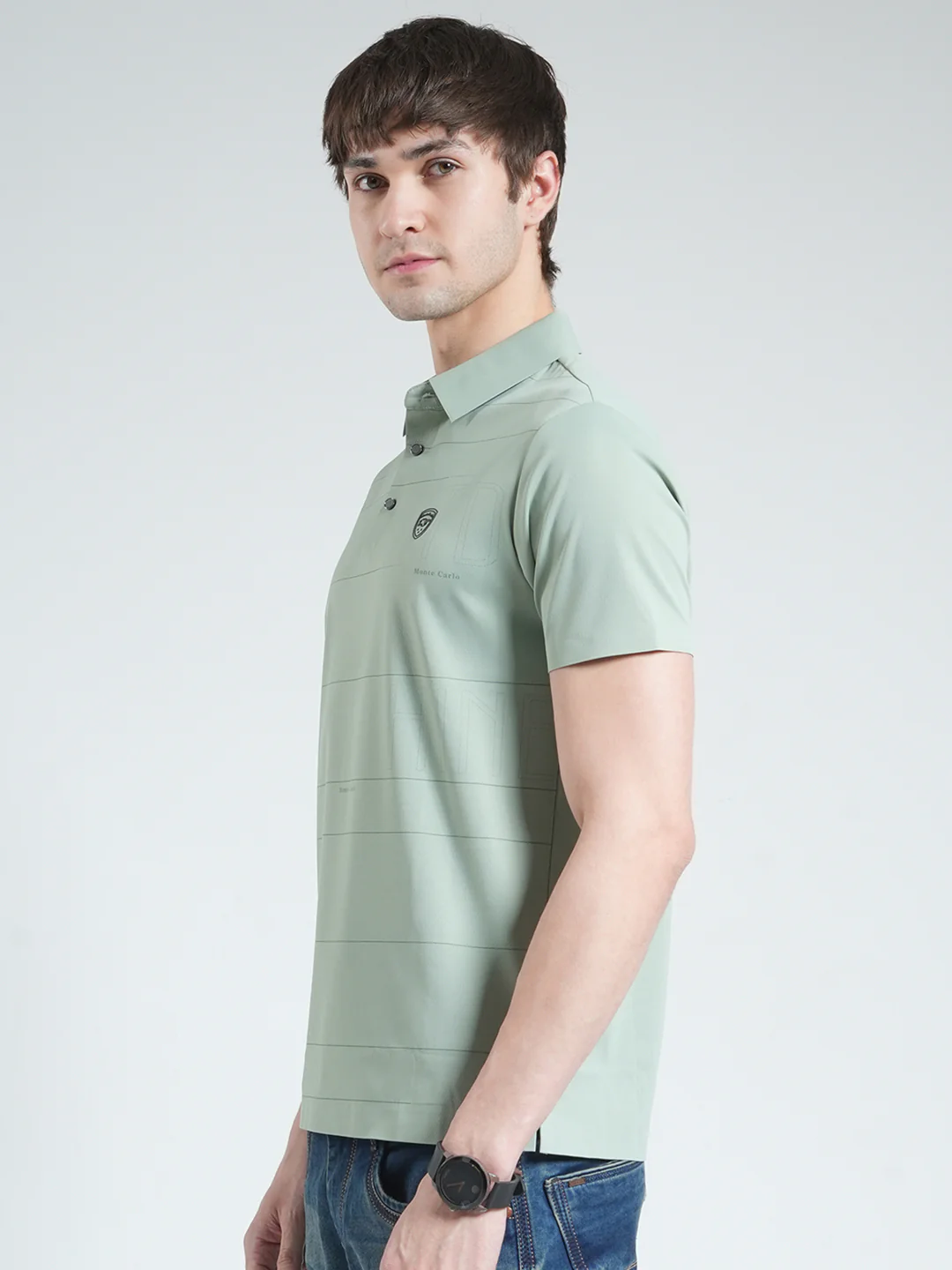 Men Green Stripe Collar Half Sleeve T-Shirt - Image 3
