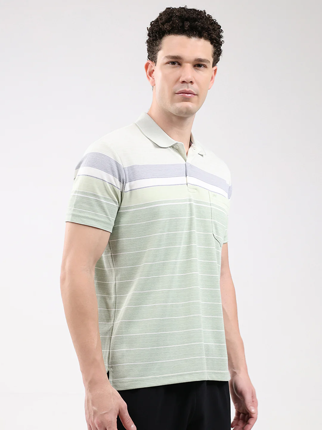 Men Green Stripe Collar Half Sleeve T-Shirt - Image 4