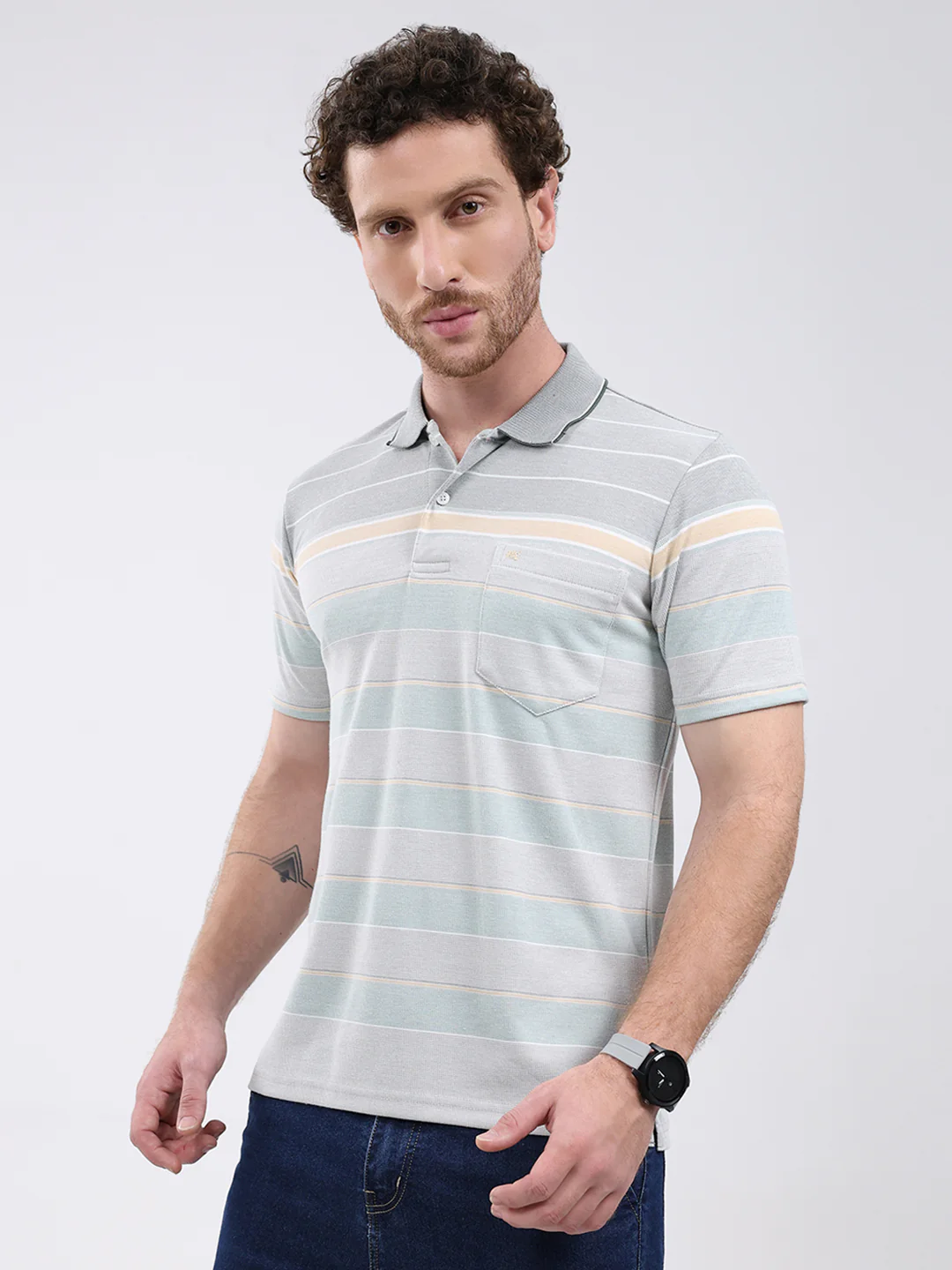 Men Green Stripe Collar Half Sleeve T-Shirt - Image 3