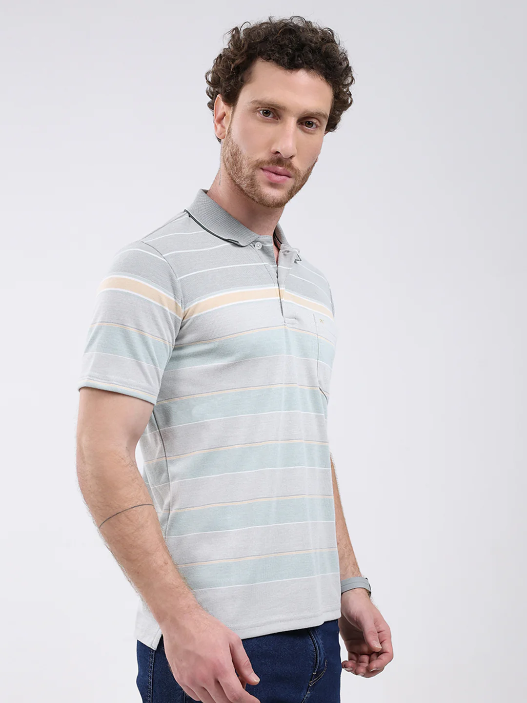 Men Green Stripe Collar Half Sleeve T-Shirt - Image 4