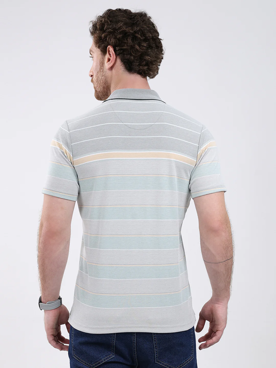 Men Green Stripe Collar Half Sleeve T-Shirt - Image 5