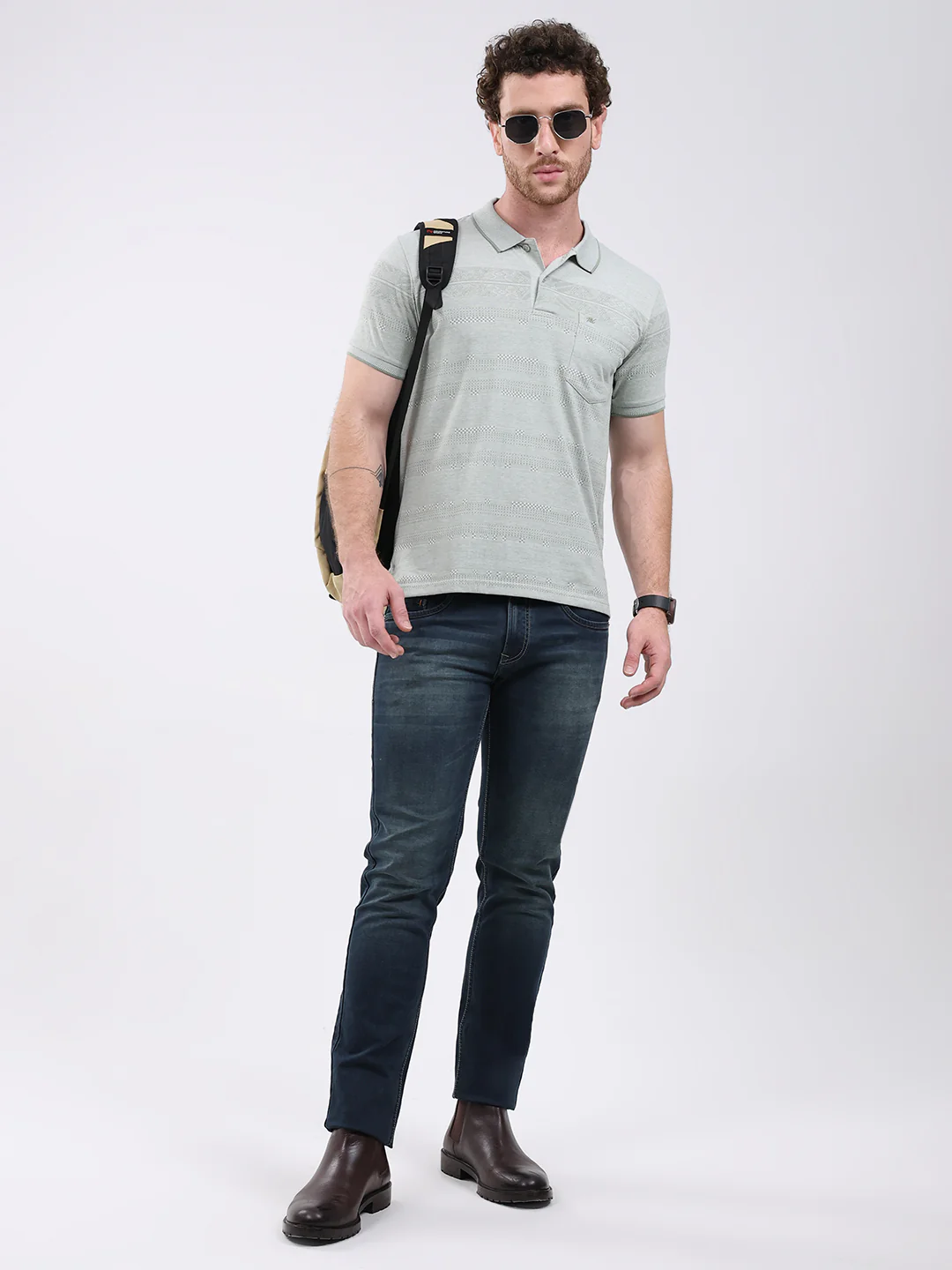 Men Green Stripe Collar Half Sleeve T-Shirt - Image 2