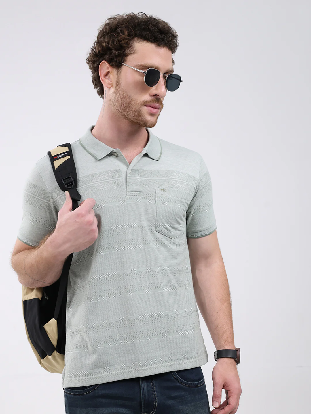 Men Green Stripe Collar Half Sleeve T-Shirt - Image 6