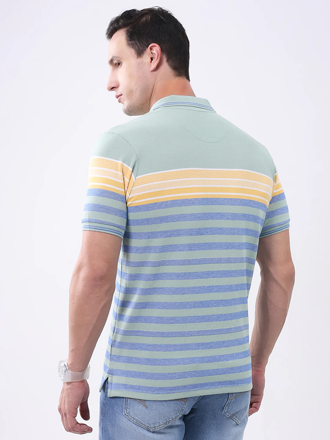 Men Green Stripe Collar Half Sleeve T-Shirt - Image 5