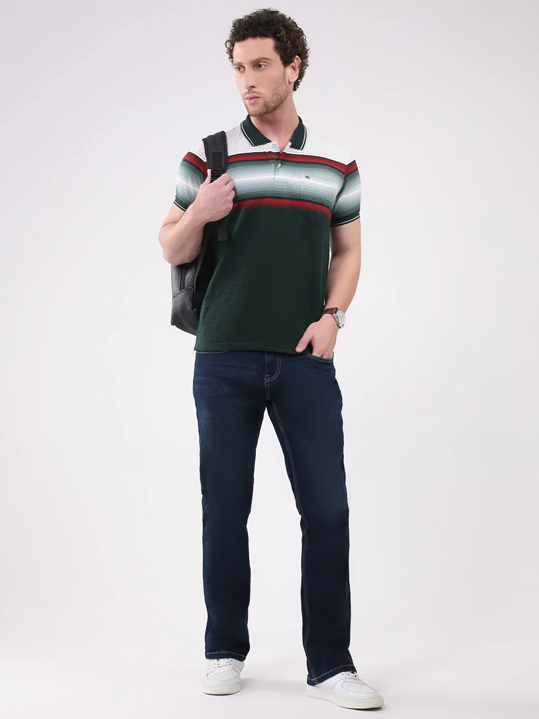 Men Green Stripe Collar Half Sleeve T-Shirt - Image 2