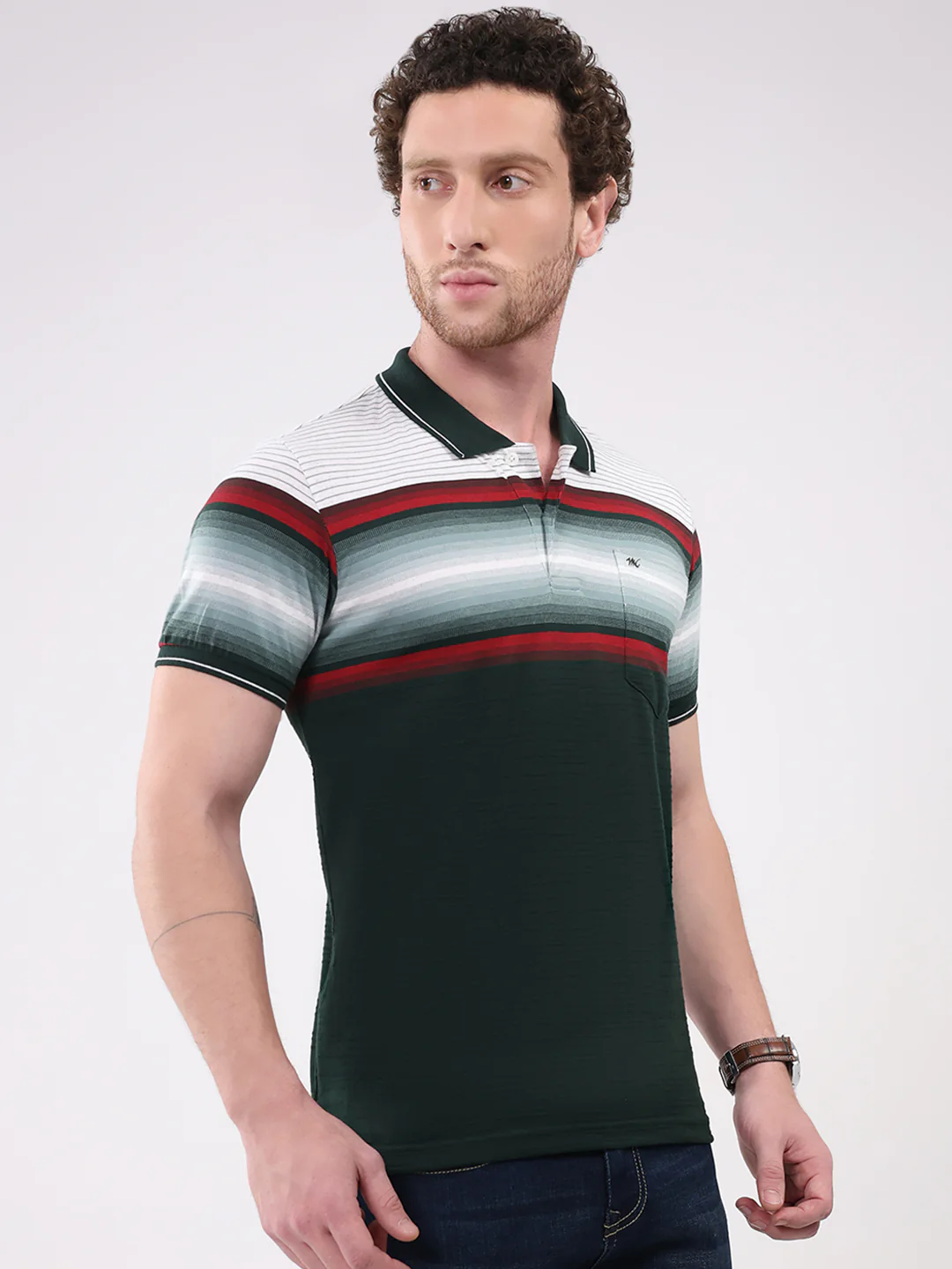 Men Green Stripe Collar Half Sleeve T-Shirt - Image 4
