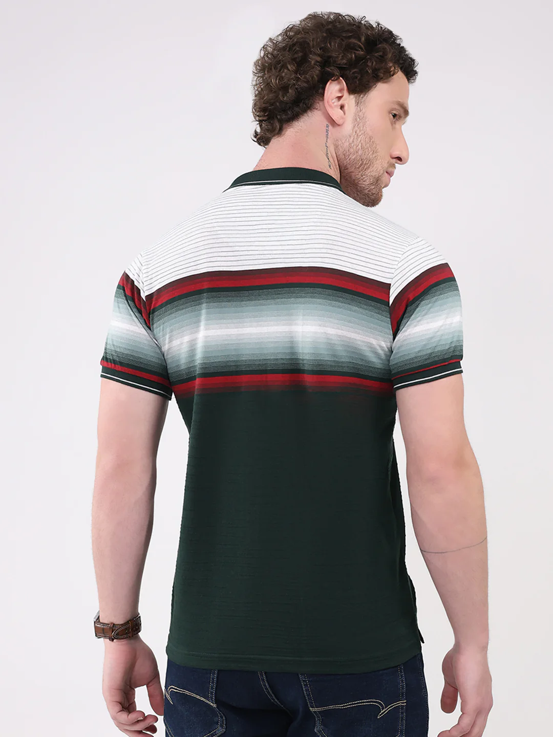 Men Green Stripe Collar Half Sleeve T-Shirt - Image 5