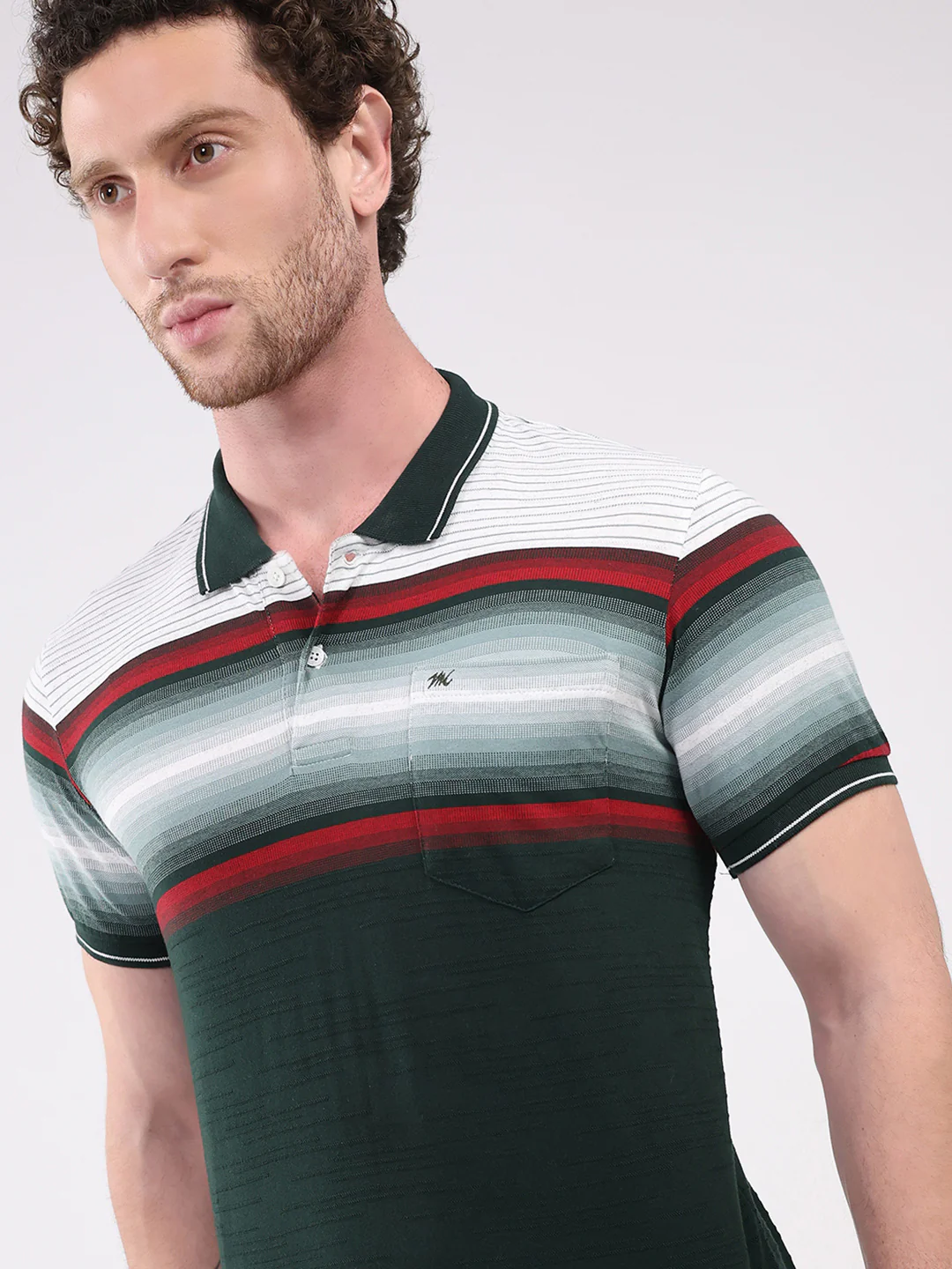 Men Green Stripe Collar Half Sleeve T-Shirt - Image 6