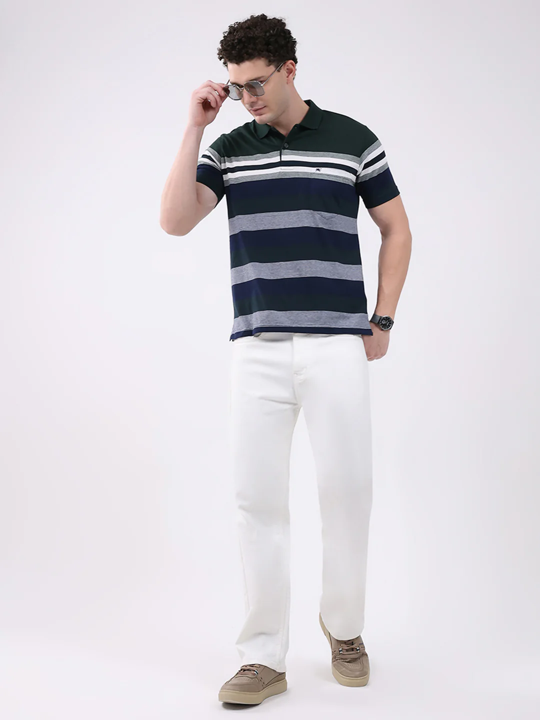 Men Green Stripe Collar Half Sleeve T-Shirt - Image 2