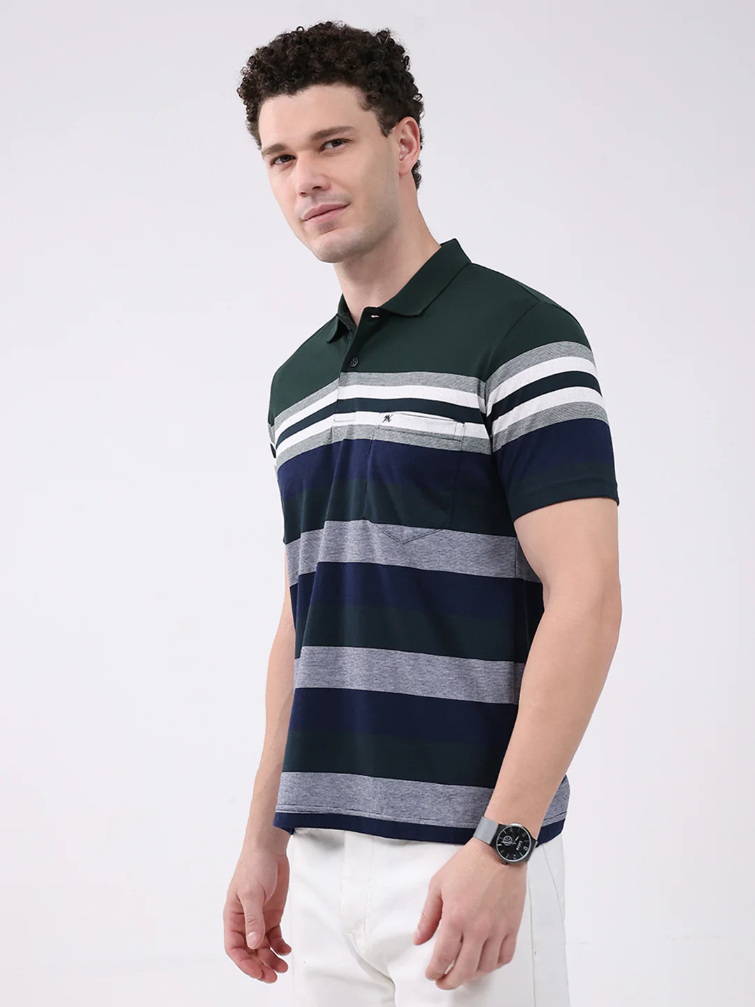 Men Green Stripe Collar Half Sleeve T-Shirt - Image 3