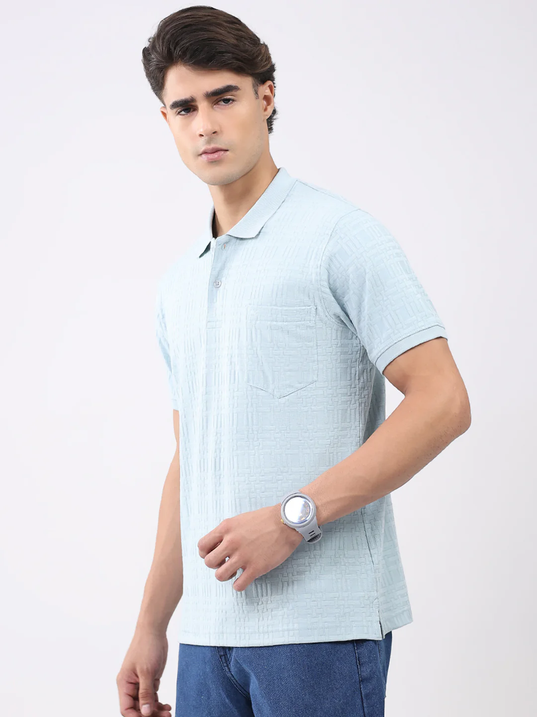 Men Green Stripe Collar Half Sleeve T-Shirt - Image 3