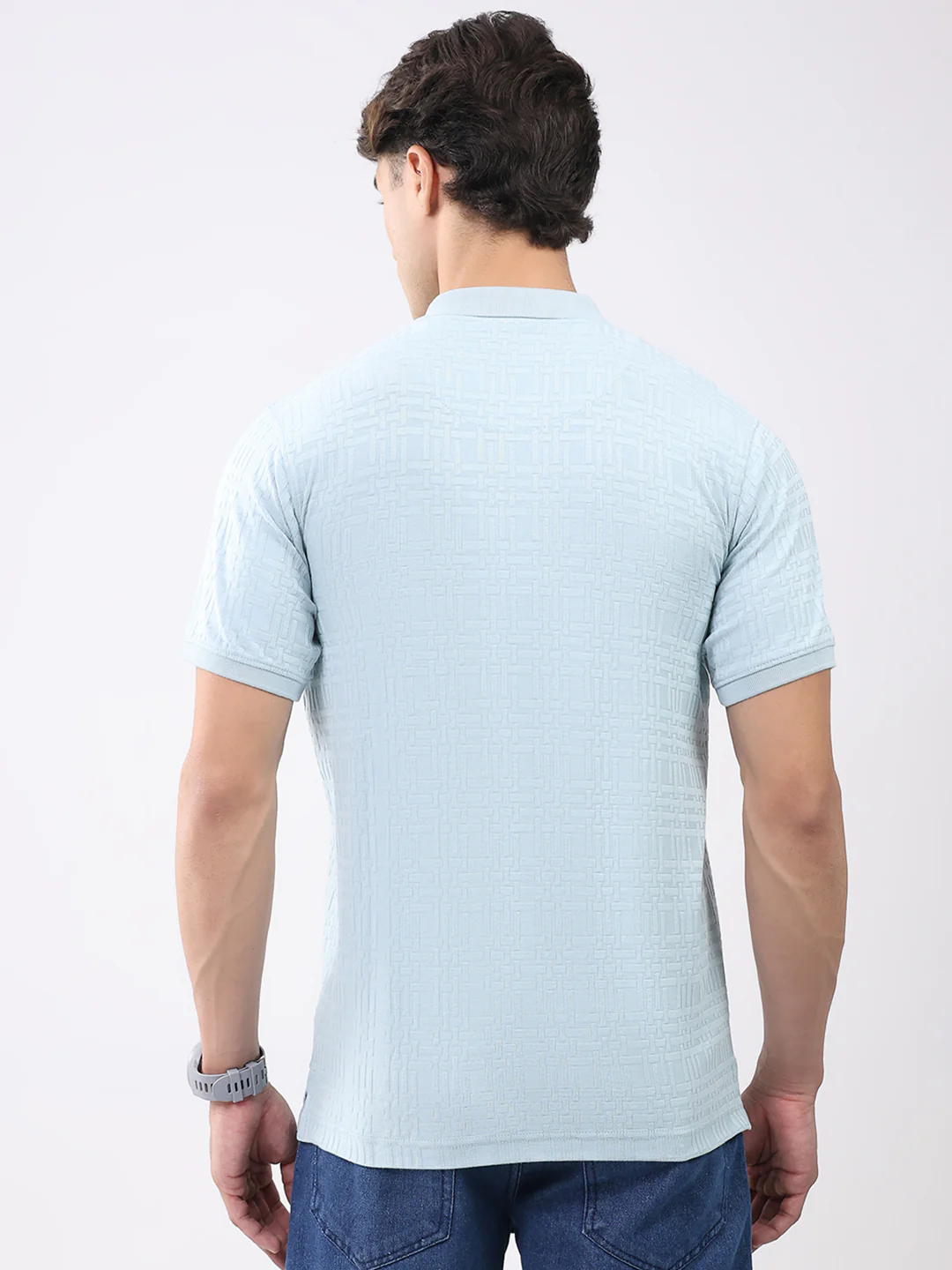 Men Green Stripe Collar Half Sleeve T-Shirt - Image 5