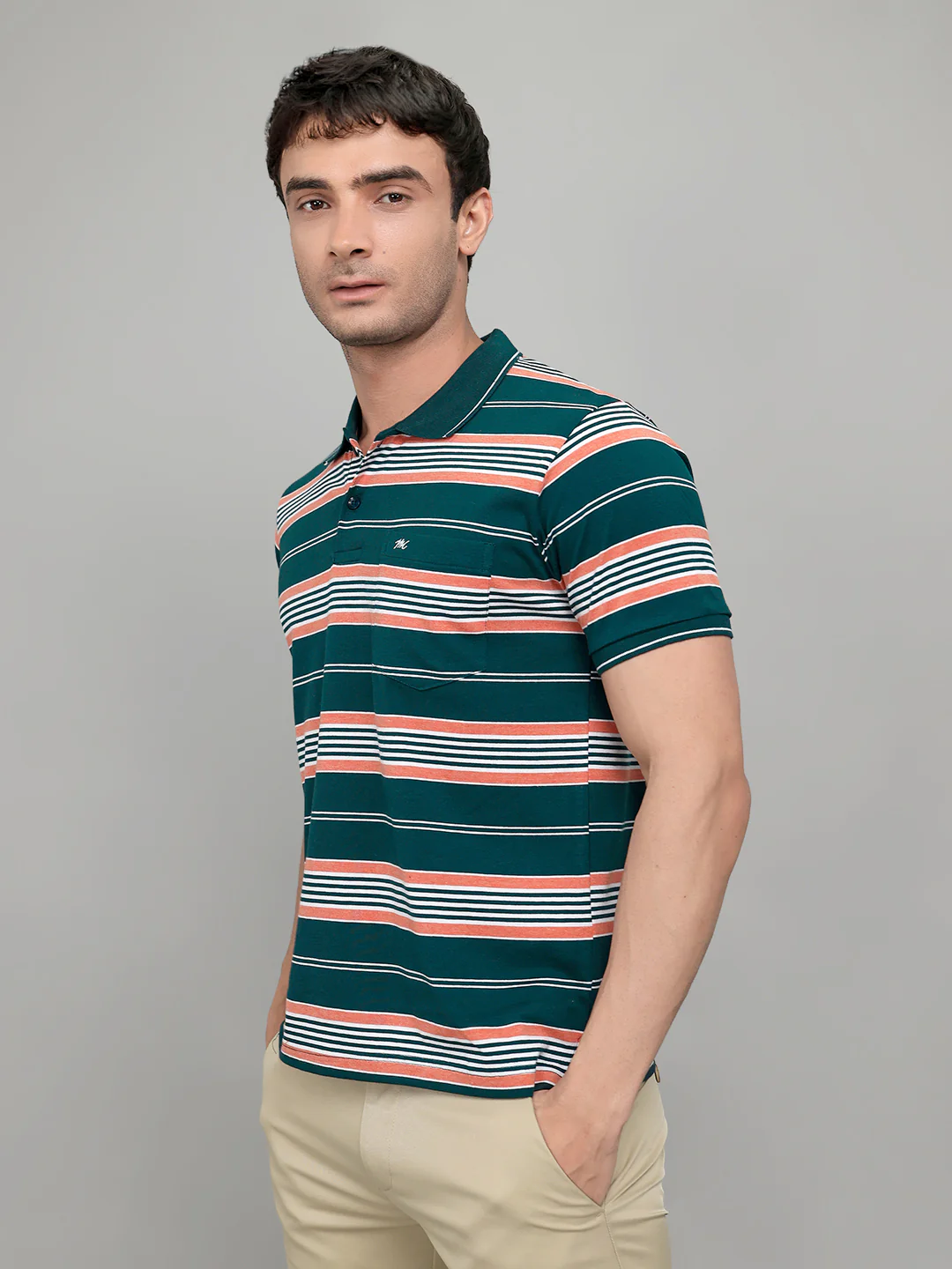Men Green Stripe Collar Half Sleeve T-Shirt - Image 3