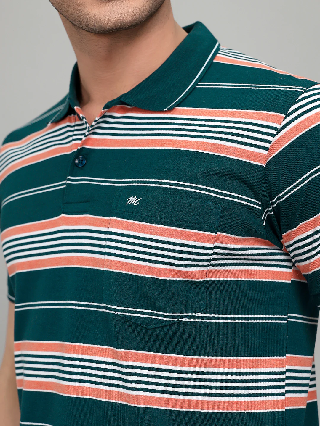 Men Green Stripe Collar Half Sleeve T-Shirt - Image 4