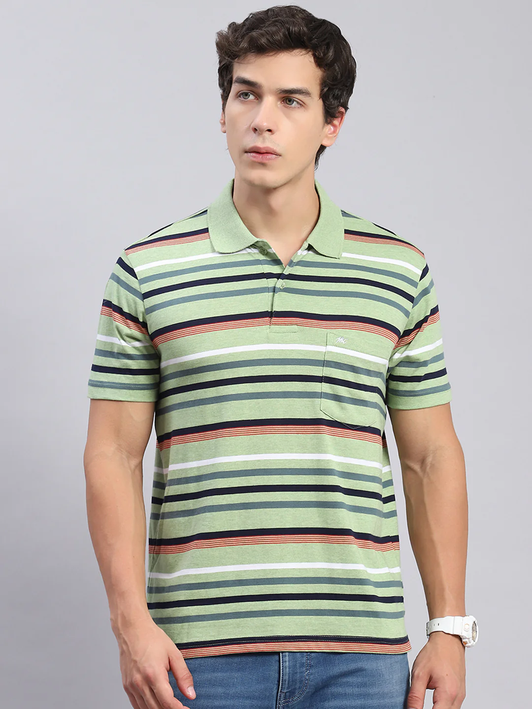 Men Green Stripe Collar Half Sleeve T-Shirts - Image 2