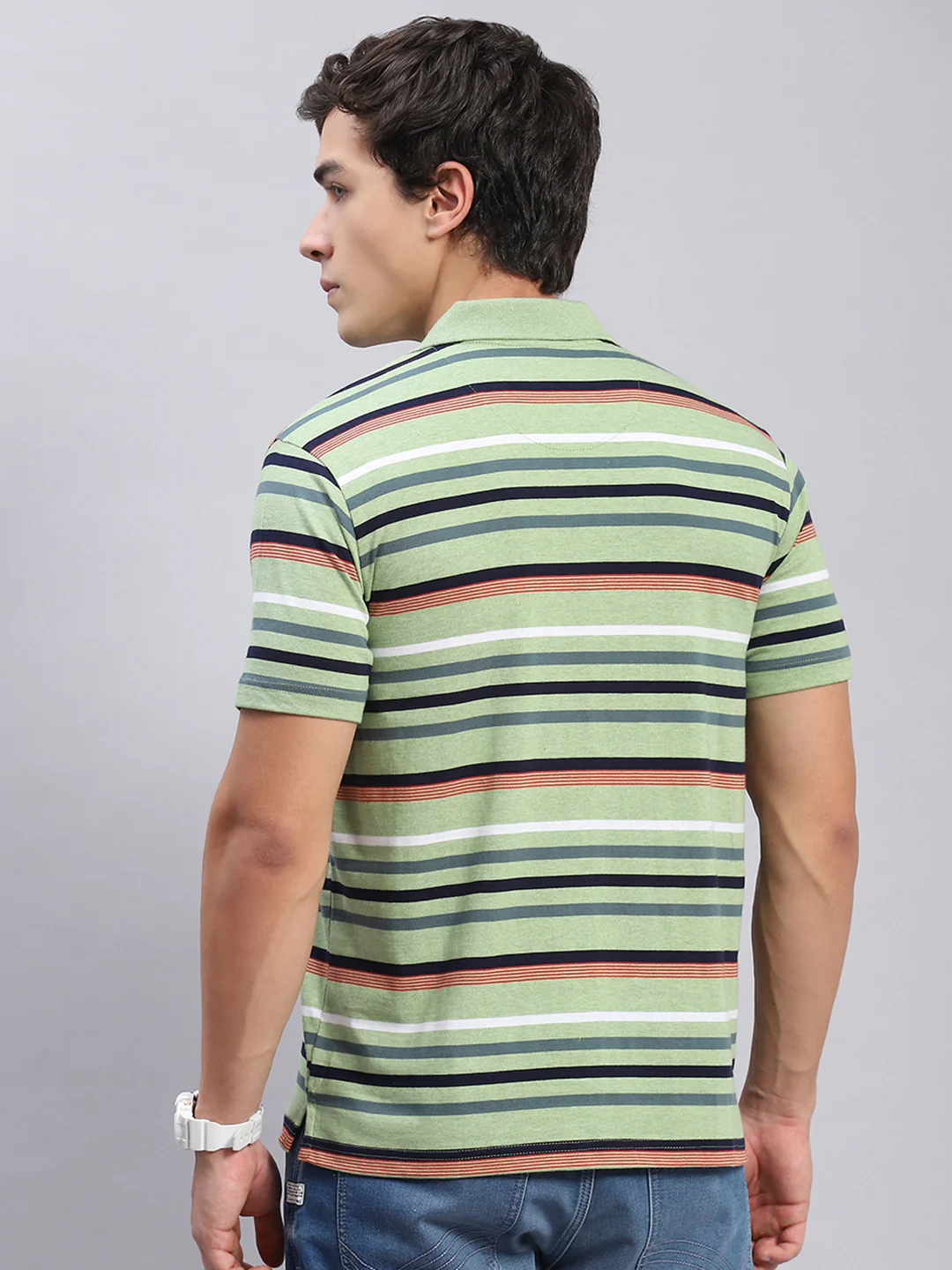 Men Green Stripe Collar Half Sleeve T-Shirts - Image 5