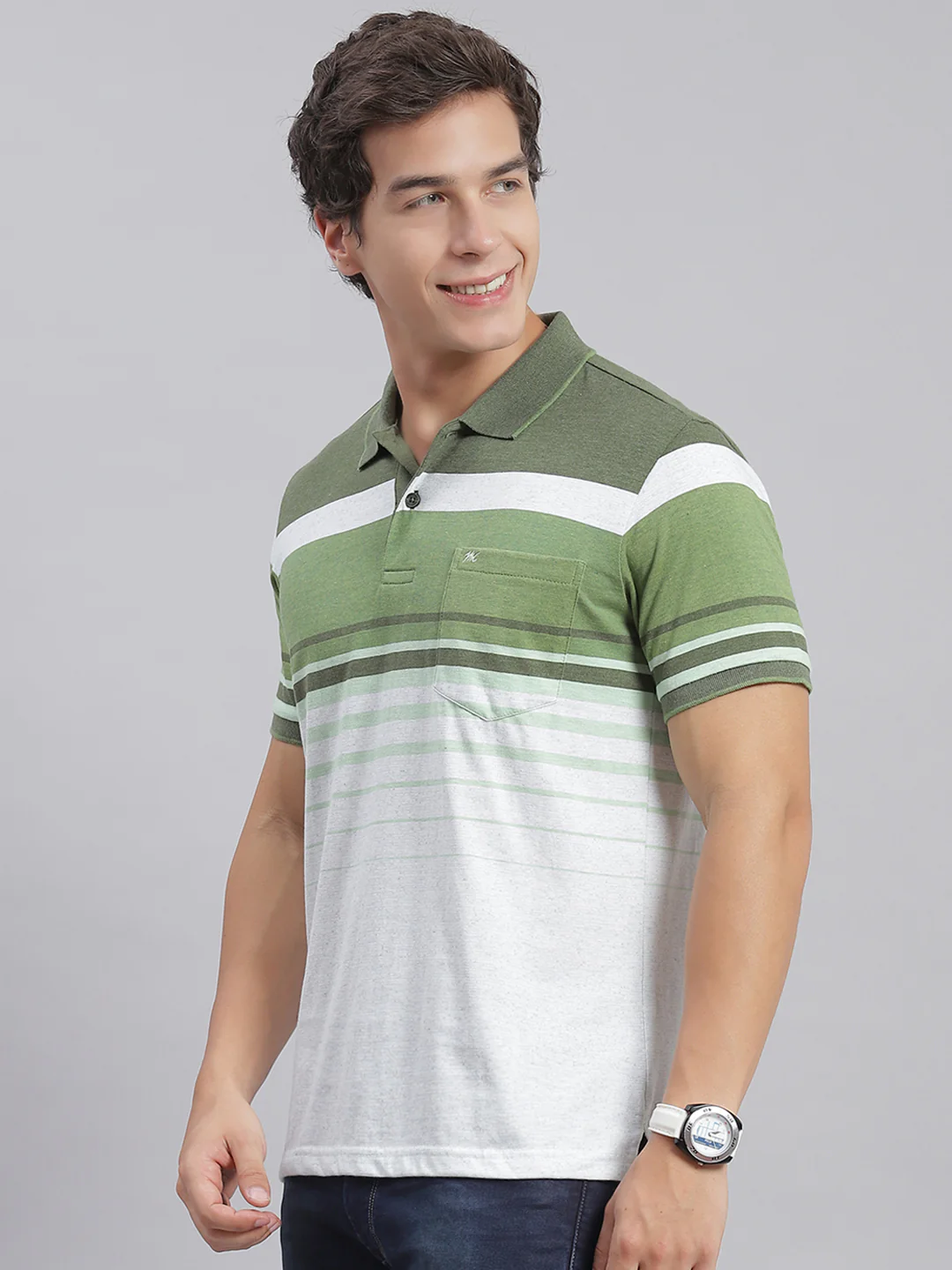 Men Green Stripe Collar Half Sleeve T-Shirts - Image 4