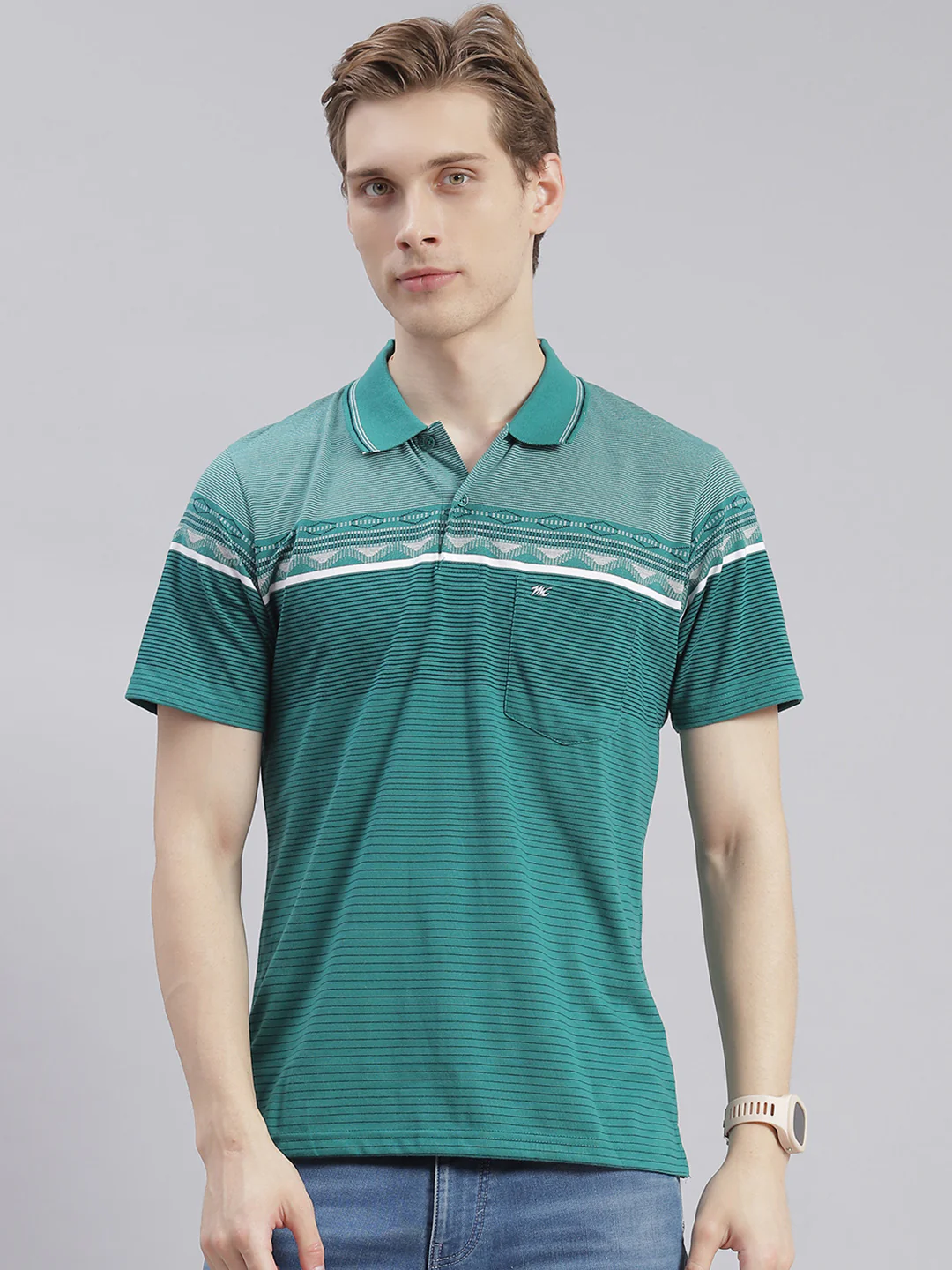 Men Green Stripe Collar Half Sleeve T-Shirts - Image 2
