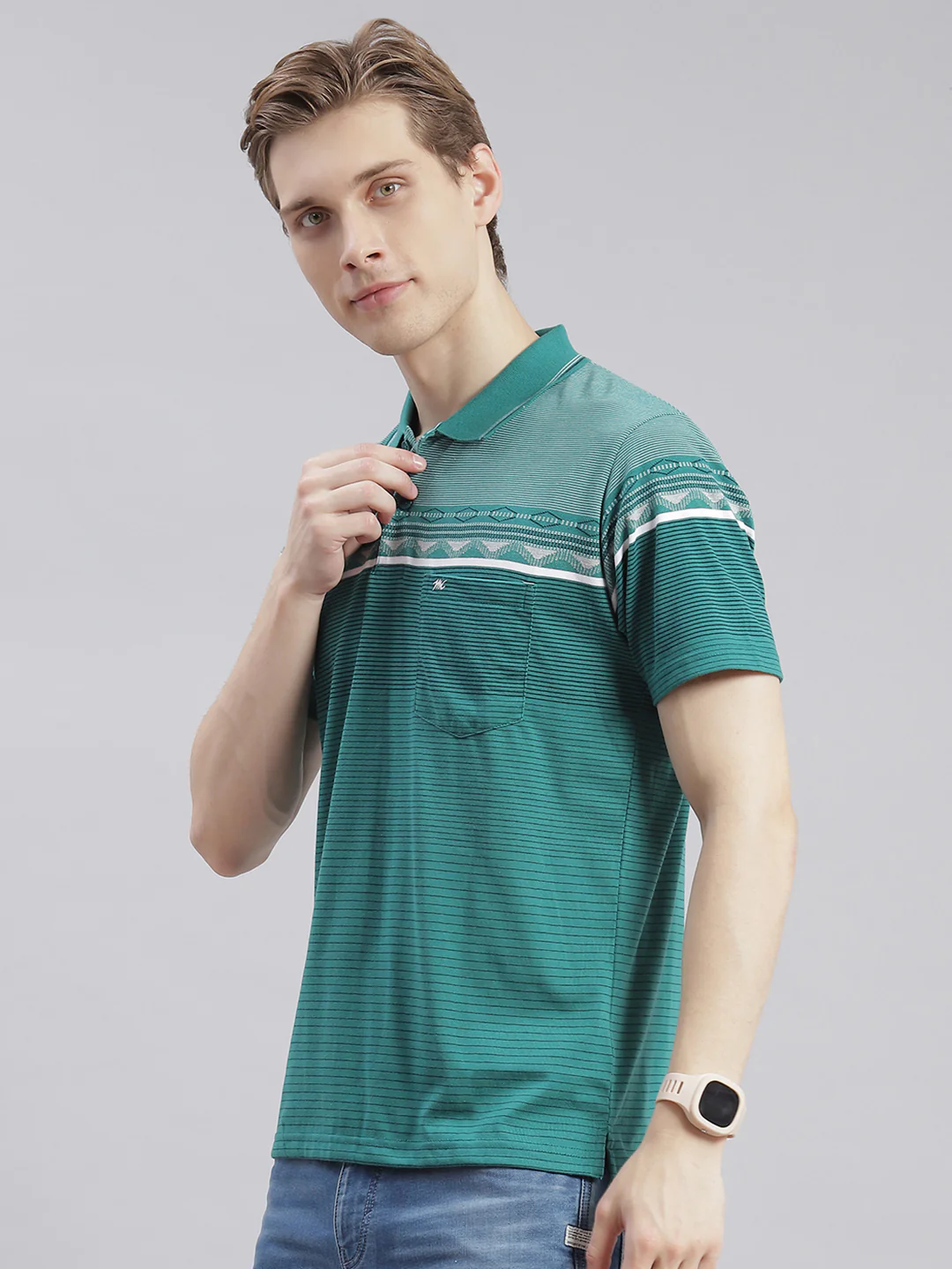 Men Green Stripe Collar Half Sleeve T-Shirts - Image 3