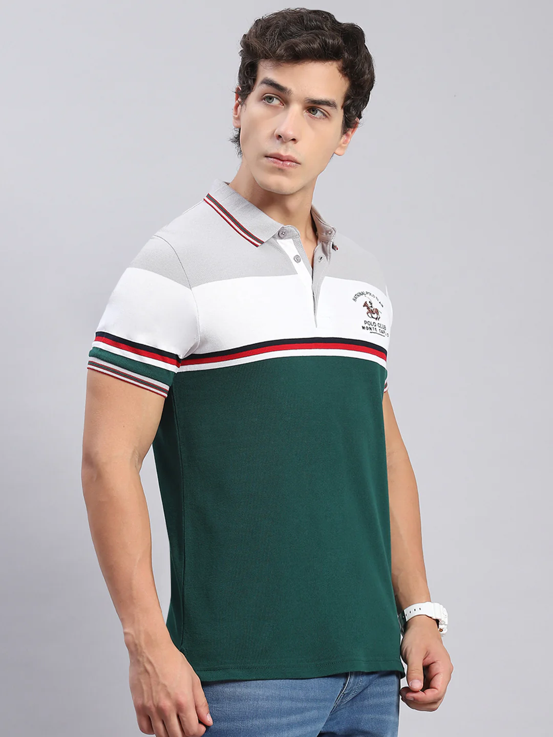 Men Green Stripe Collar Half Sleeve T-Shirts - Image 4