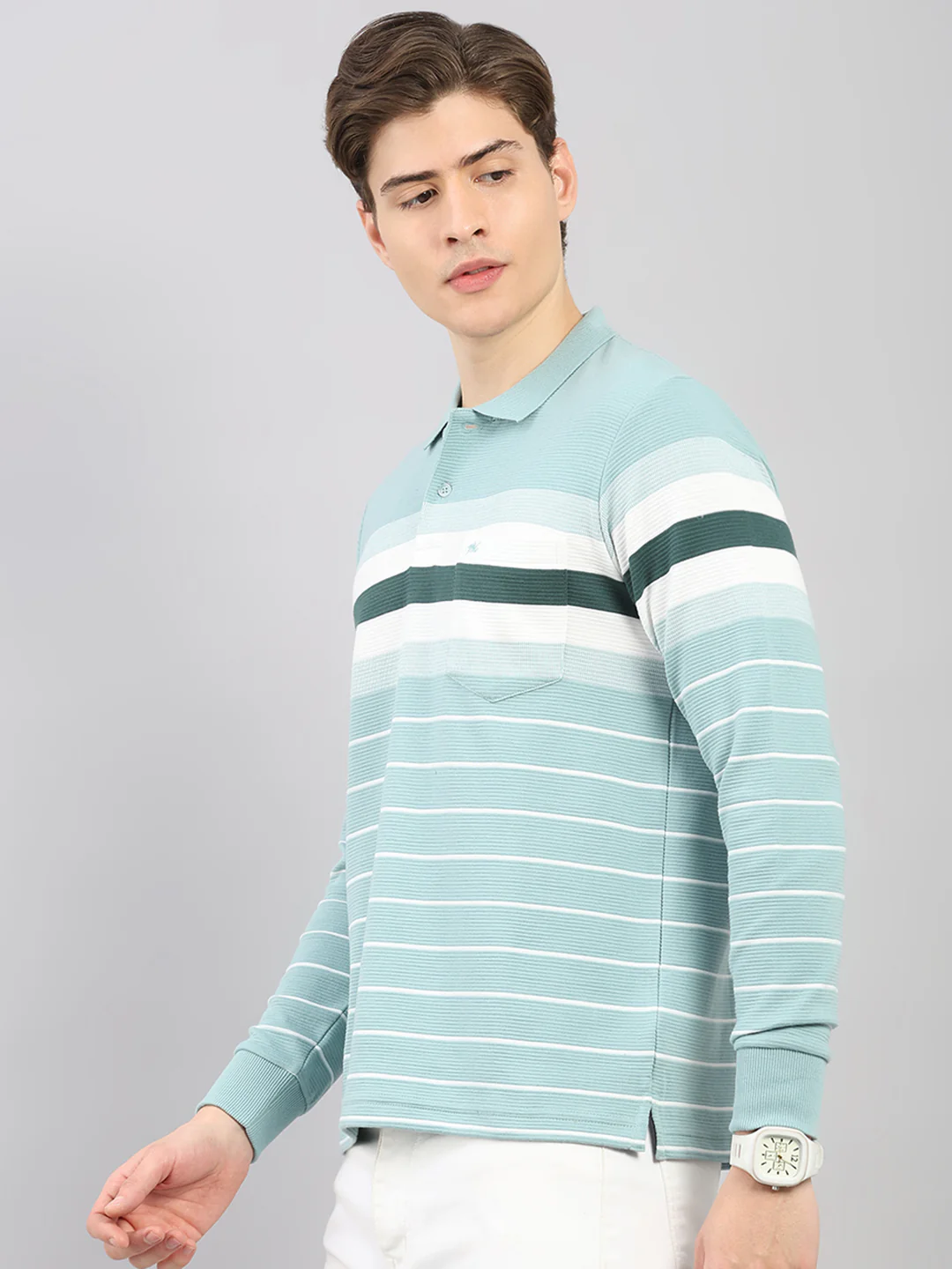 Men Green Stripe Polo Collar Full Sleeve Winter T-Shirt - Image 3