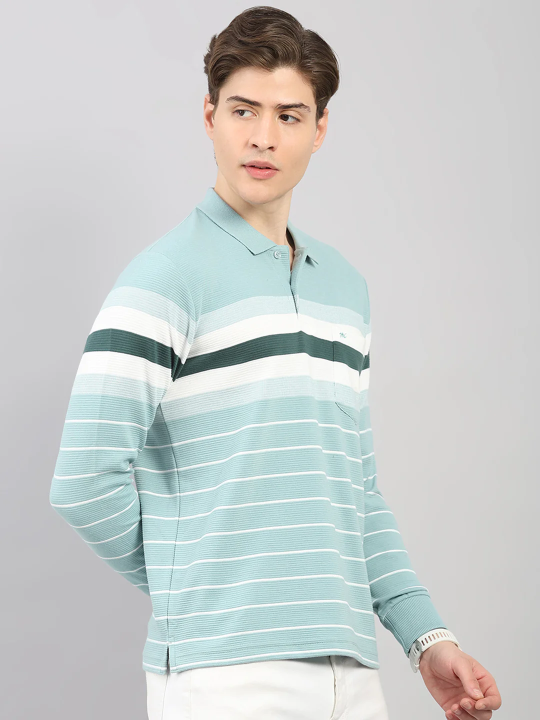 Men Green Stripe Polo Collar Full Sleeve Winter T-Shirt - Image 4