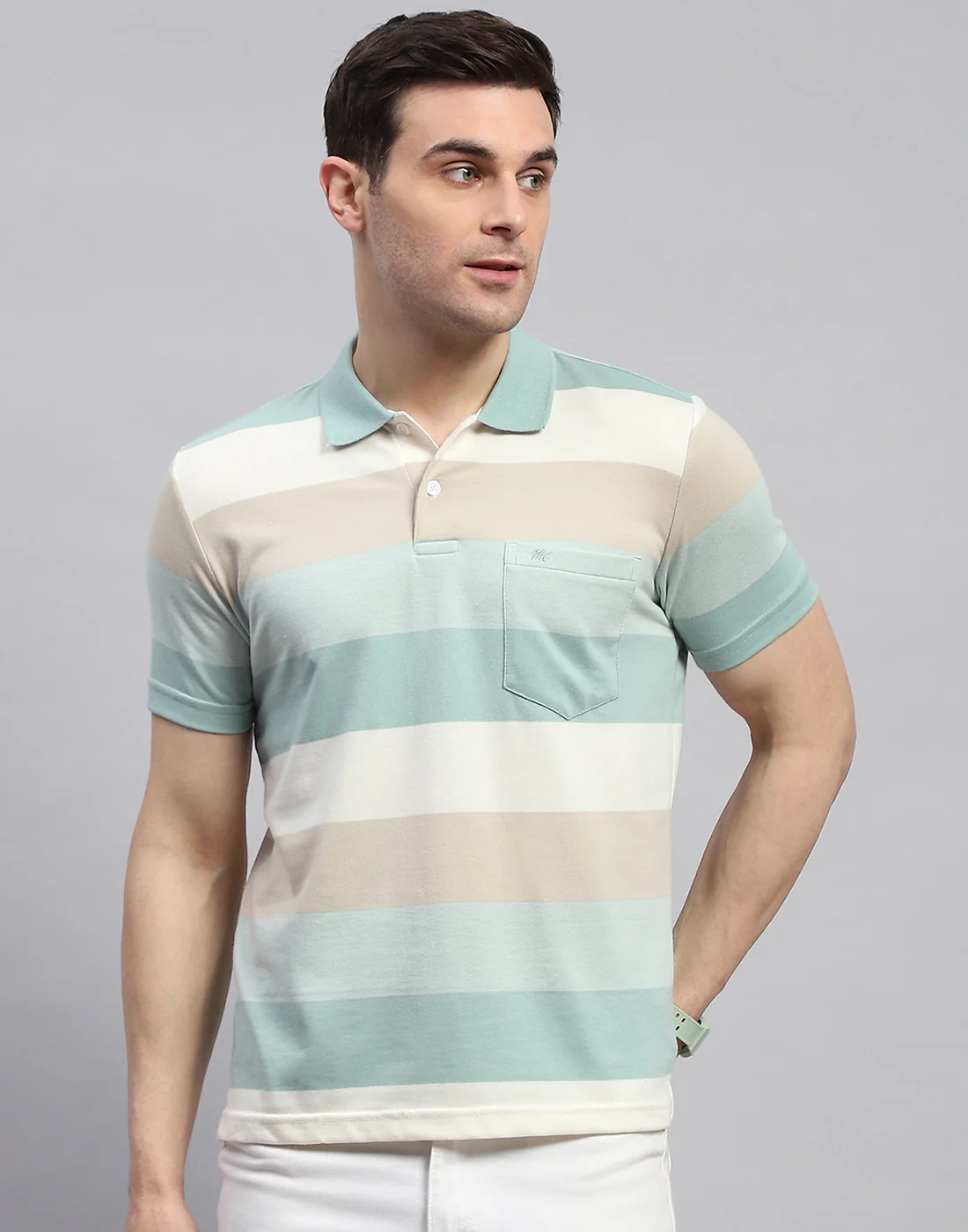 Men Green Stripe Polo Collar Half Sleeve T-Shirt - Image 2