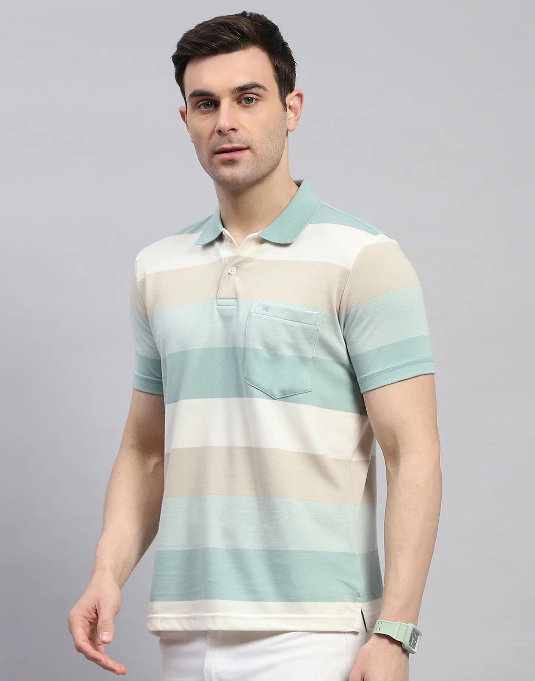 Men Green Stripe Polo Collar Half Sleeve T-Shirt - Image 3