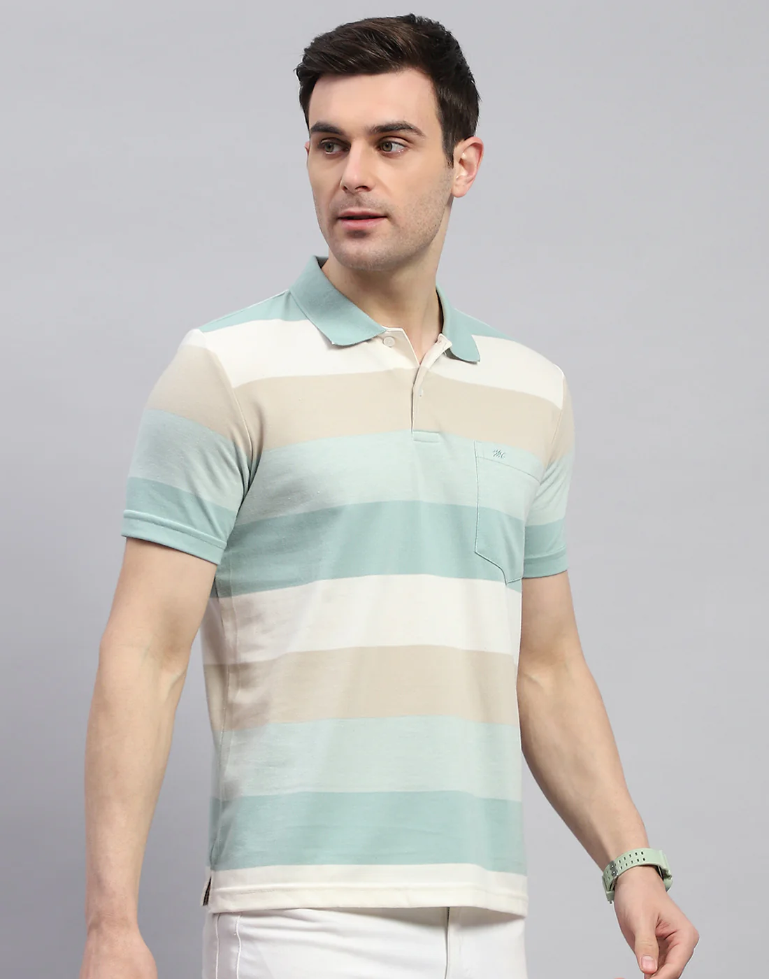 Men Green Stripe Polo Collar Half Sleeve T-Shirt - Image 4