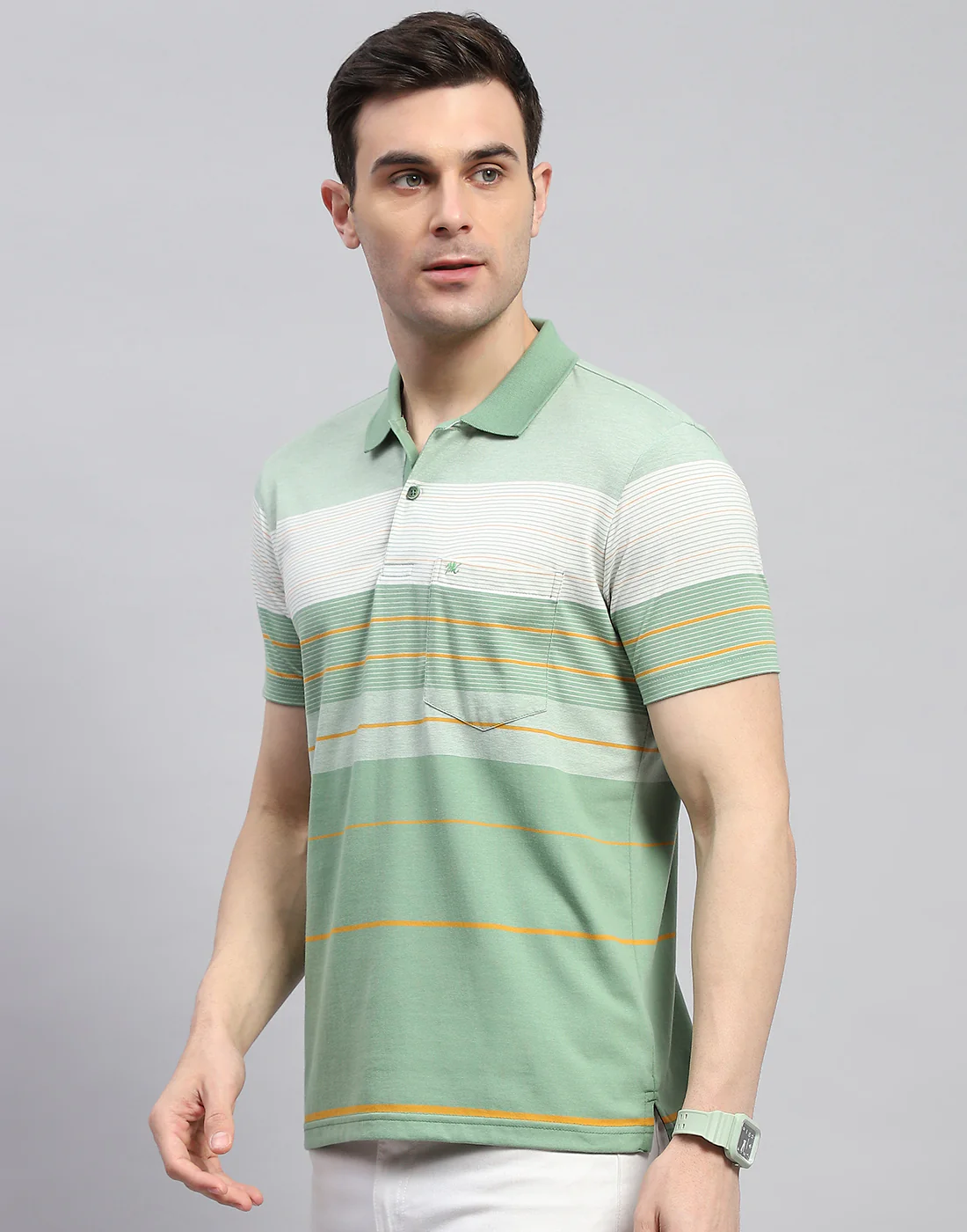 Men Green Stripe Polo Collar Half Sleeve T-Shirt - Image 3