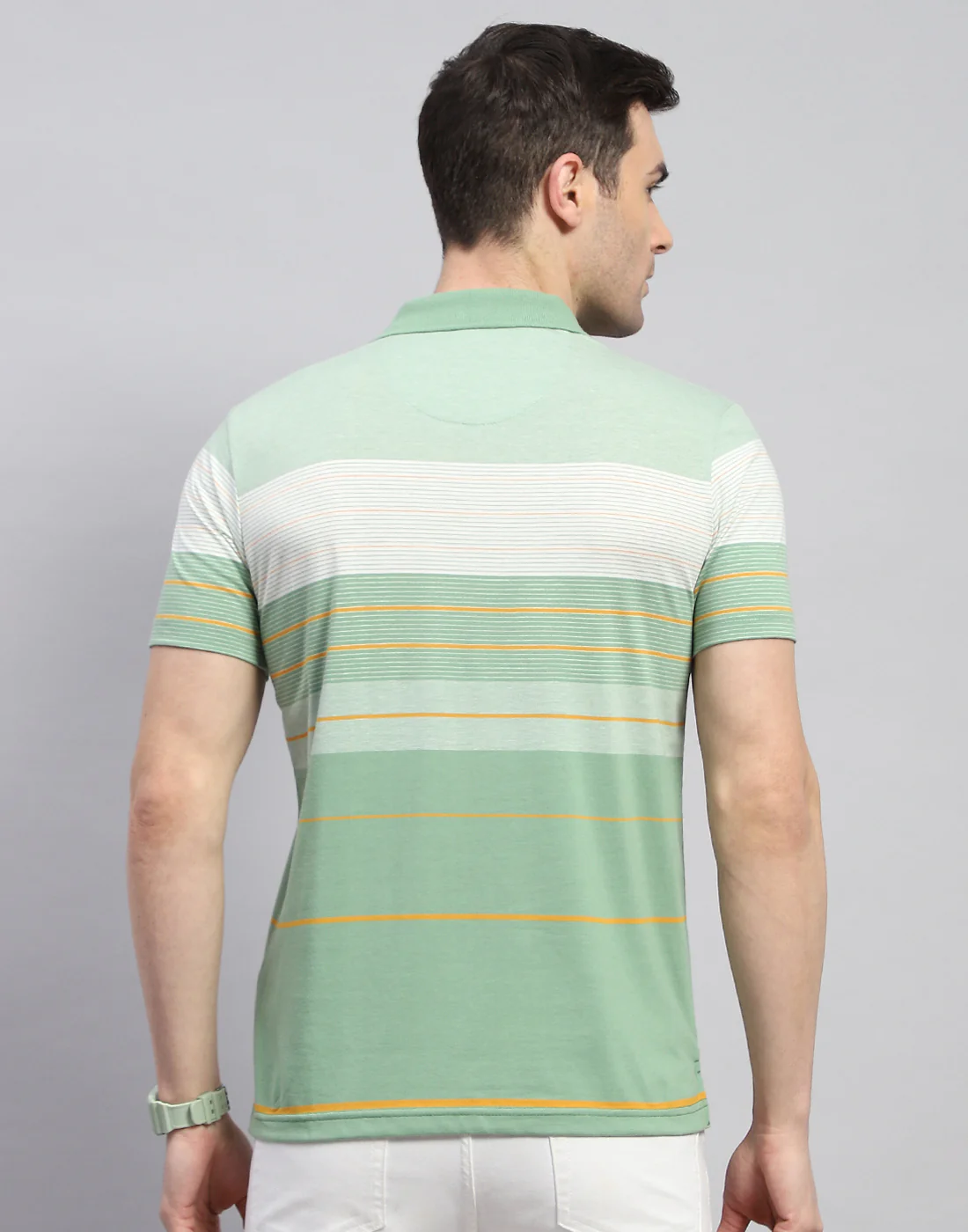 Men Green Stripe Polo Collar Half Sleeve T-Shirt - Image 5