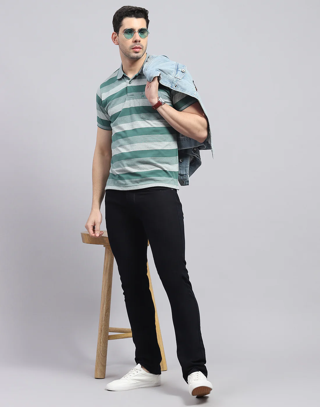 Men Green Stripe Polo Collar Half Sleeve T-Shirt - Image 2