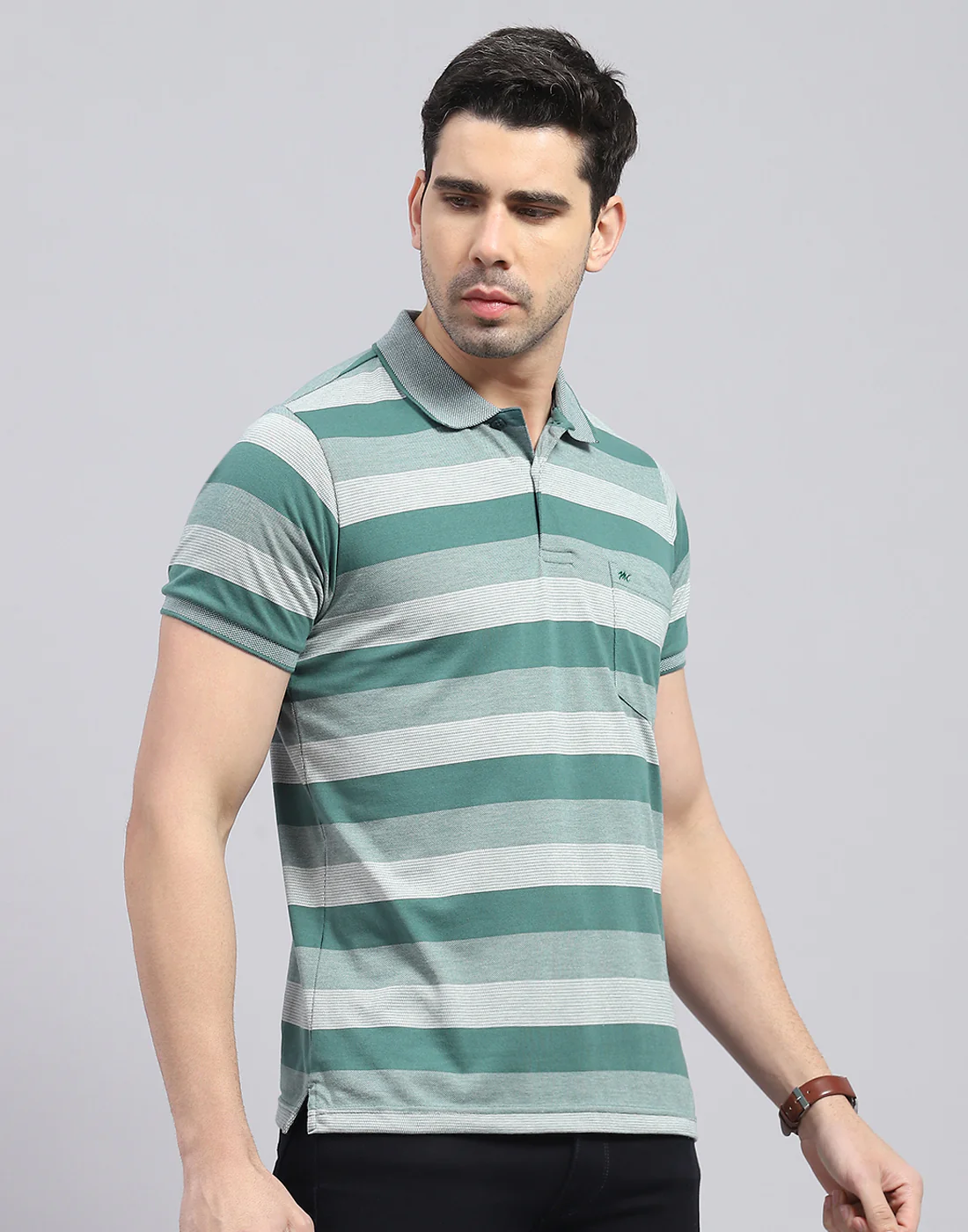Men Green Stripe Polo Collar Half Sleeve T-Shirt - Image 4
