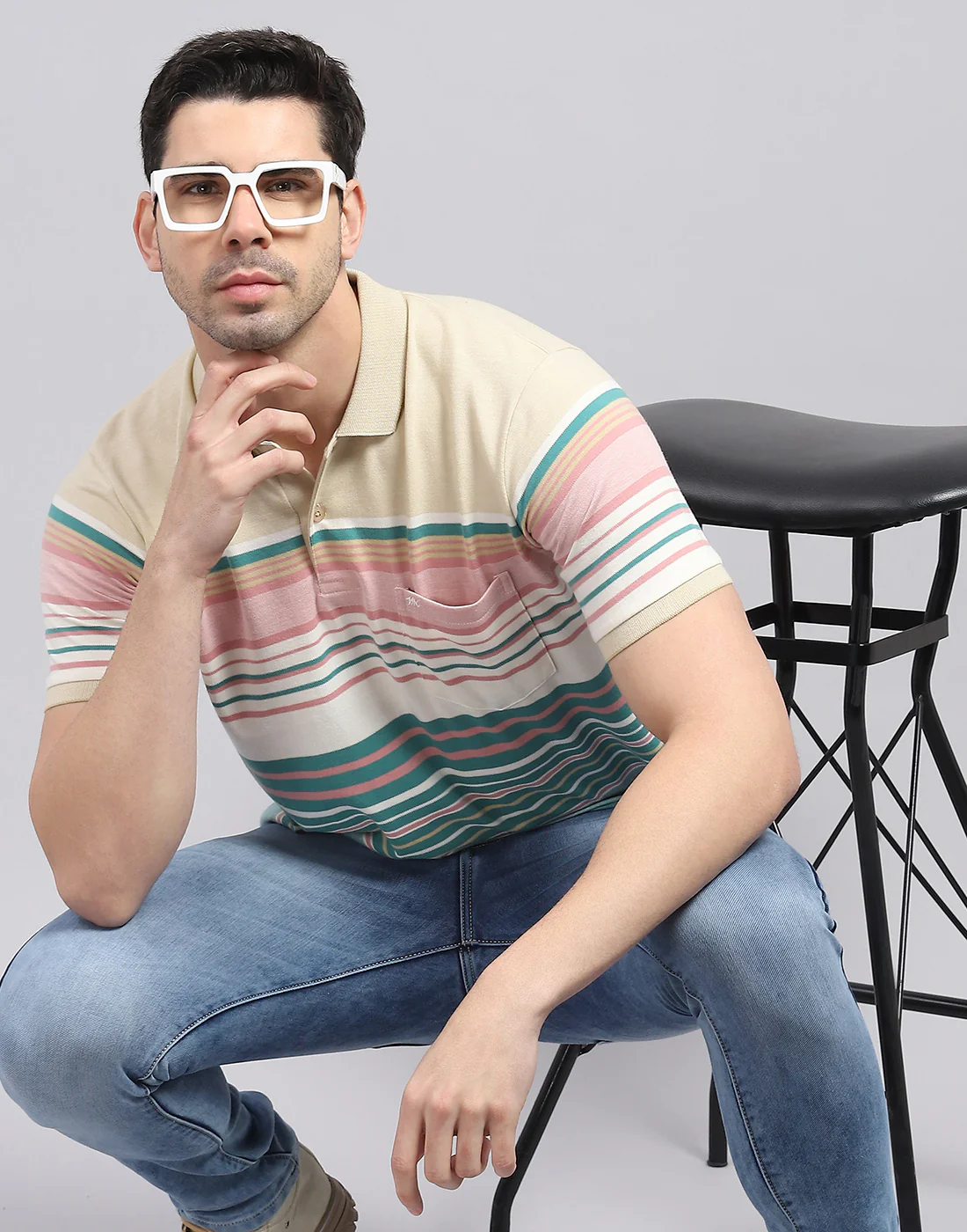 Men Green Stripe Polo Collar Half Sleeve T-Shirt - Image 2