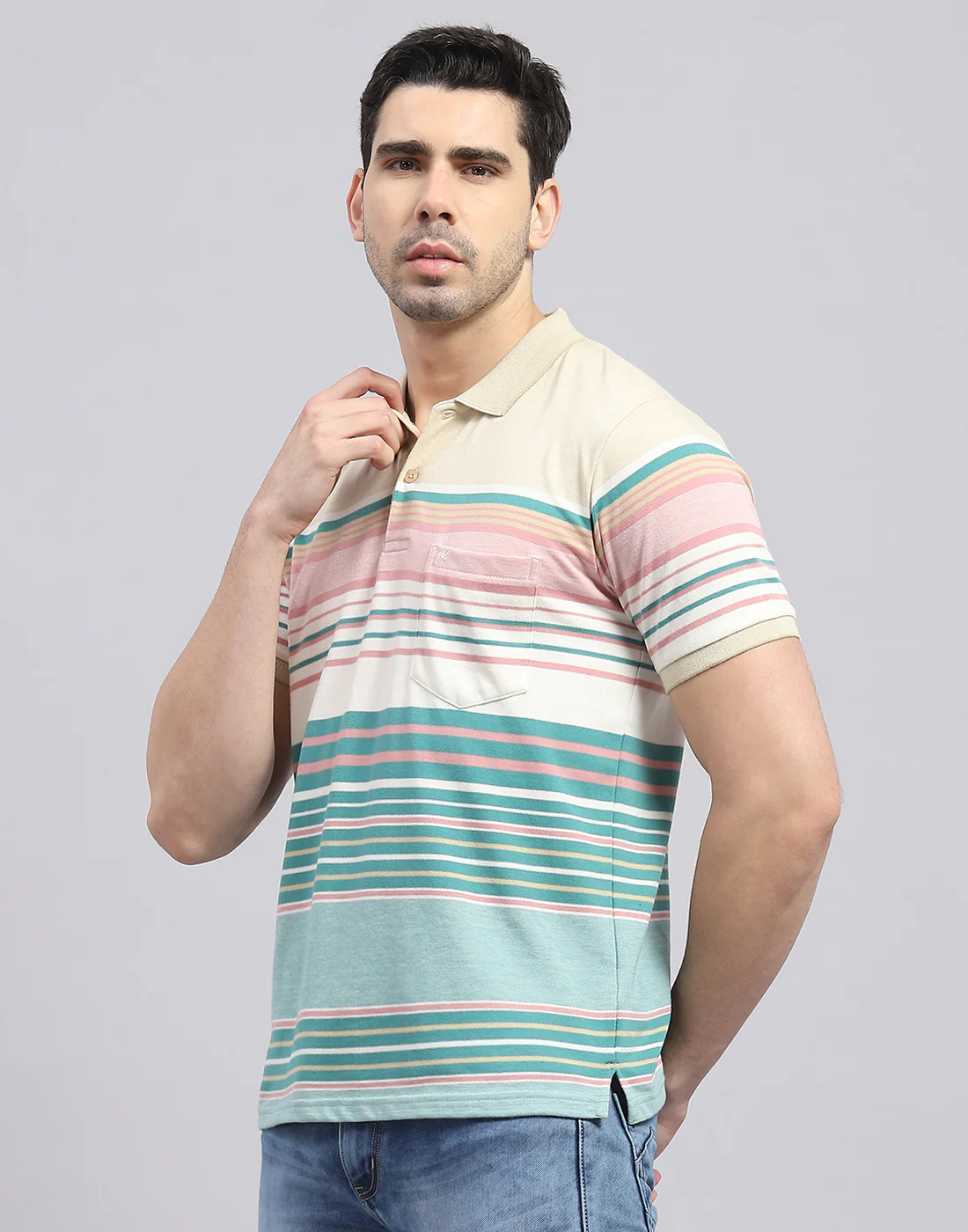 Men Green Stripe Polo Collar Half Sleeve T-Shirt - Image 3