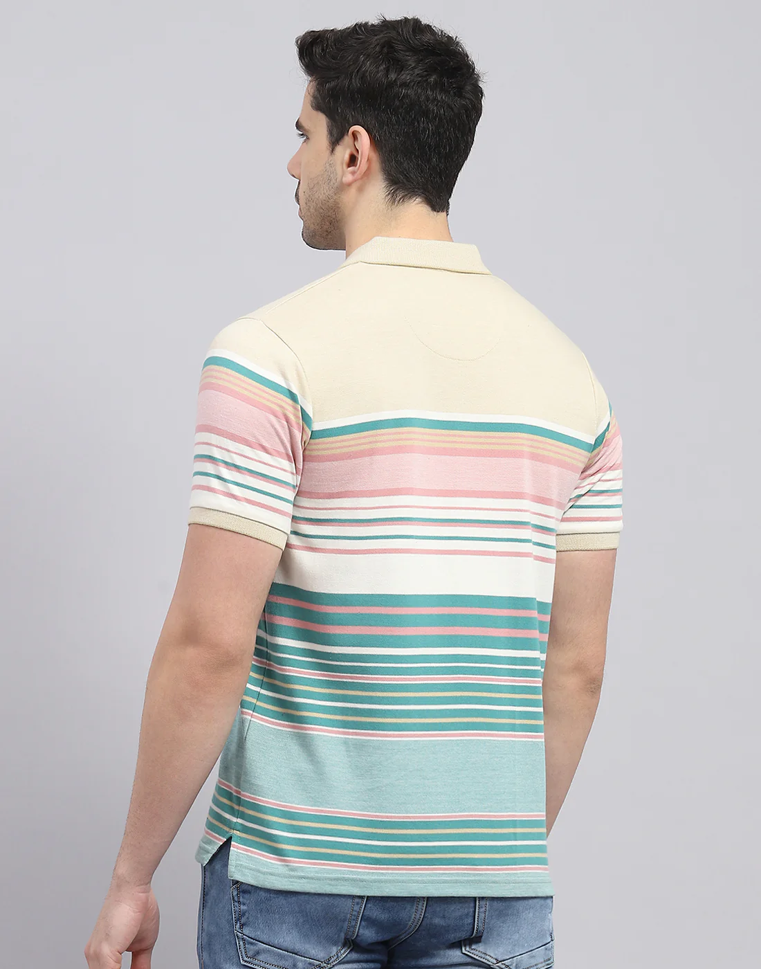 Men Green Stripe Polo Collar Half Sleeve T-Shirt - Image 5