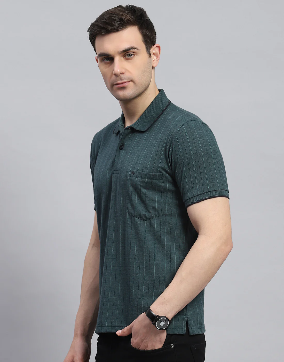 Men Green Stripe Polo Collar Half Sleeve T-Shirt - Image 3
