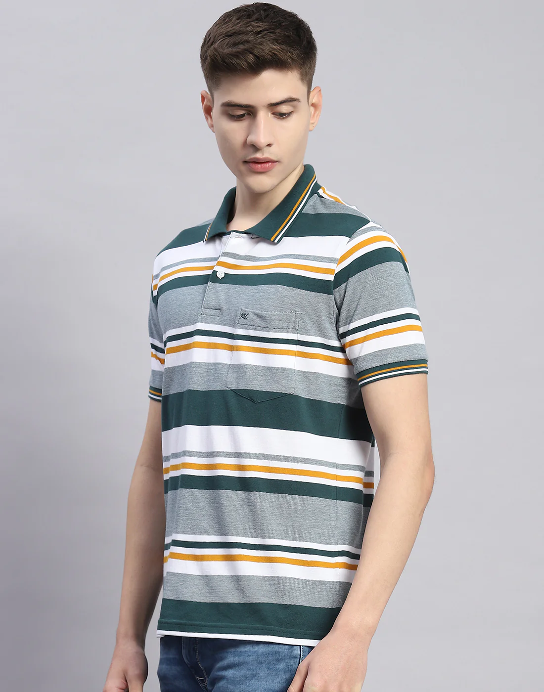 Men Green Stripe Polo Collar Half Sleeve T-Shirt - Image 4